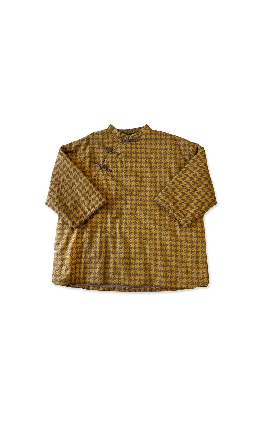 Plümo- Allegra Jacket: oversized long-sleeve houndstooth in brown and yellow, one size, shown on white background.