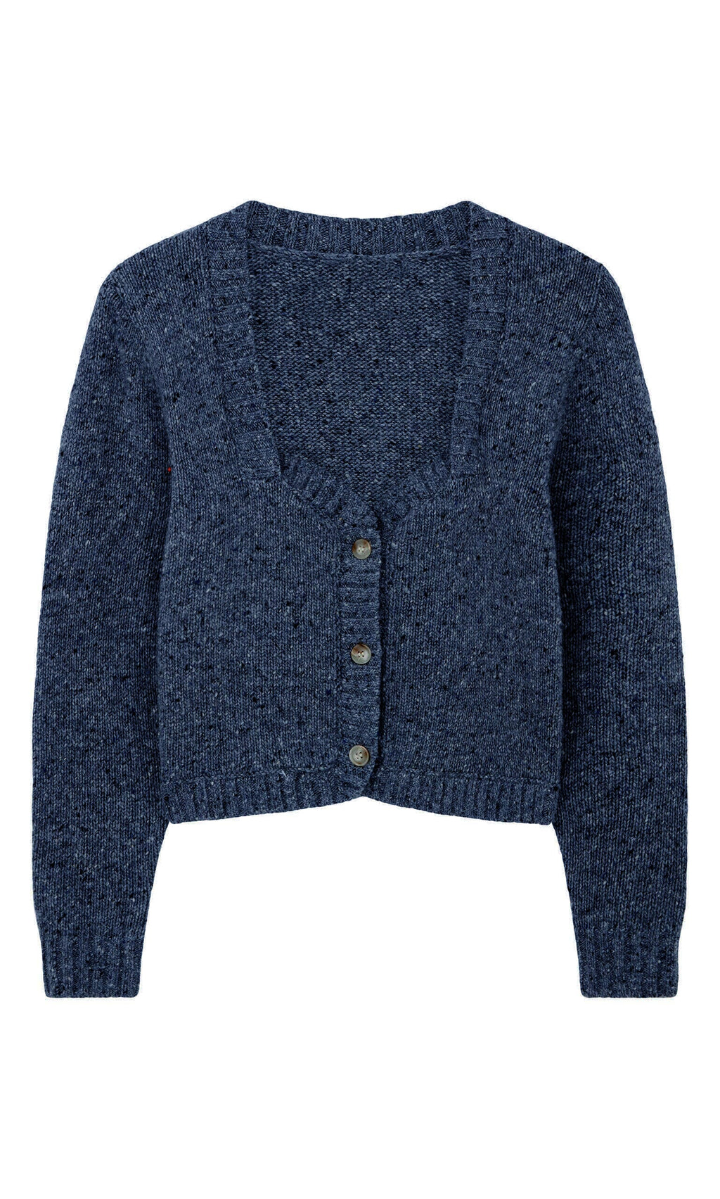 Plümo- The Alpine Cardigan - Blue features alpaca merino wool, long sleeves, a deep V-neck, and three front buttons.