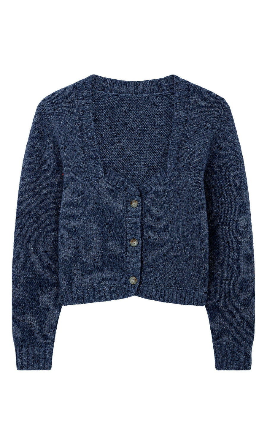 Plümo- The Alpine Cardigan - Blue features alpaca merino wool, long sleeves, a deep V-neck, and three front buttons.
