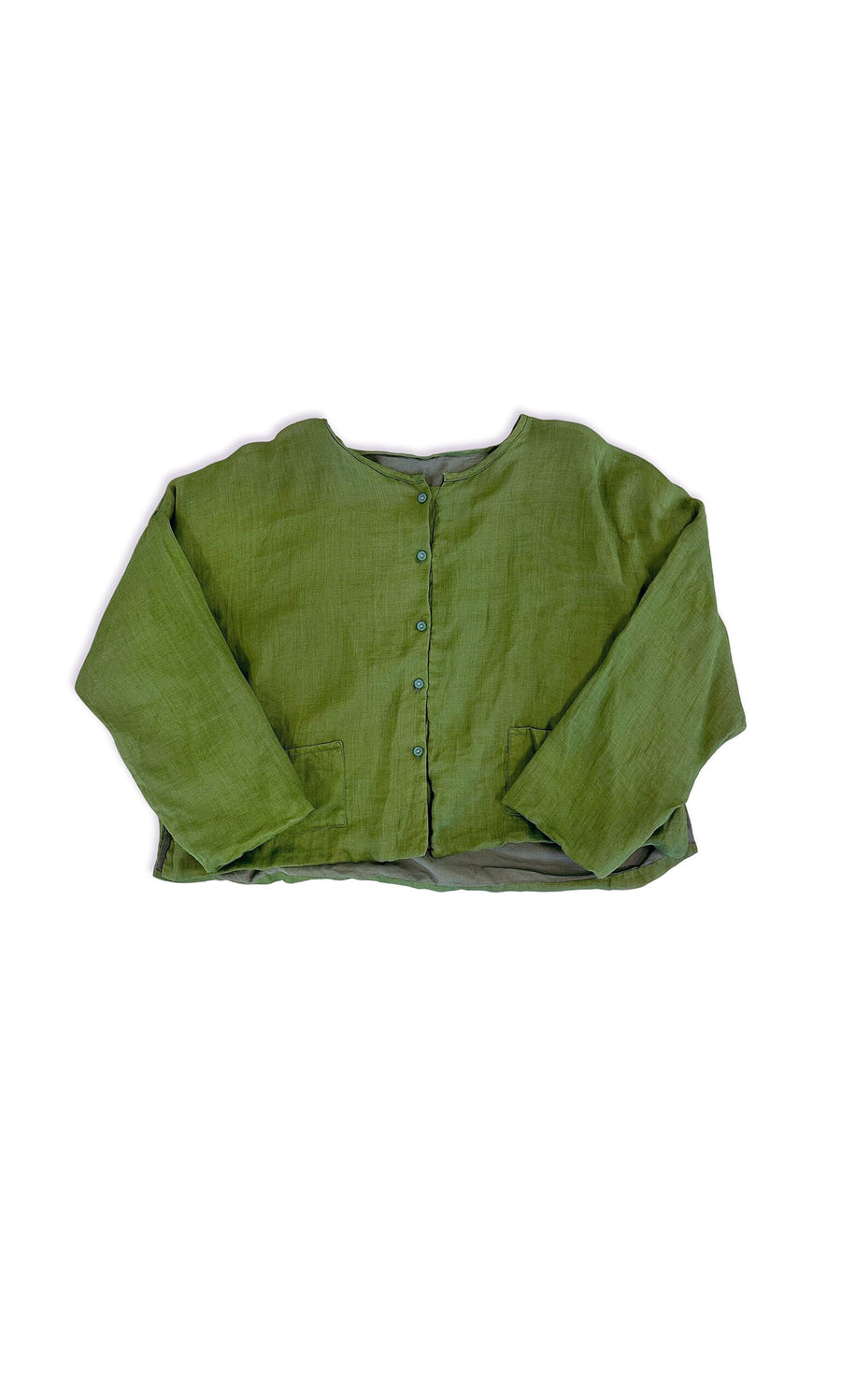 Plümo- Amabel Linen Jacket—green, boxy silhouette with buttons and two front pockets, laid flat on a white background.