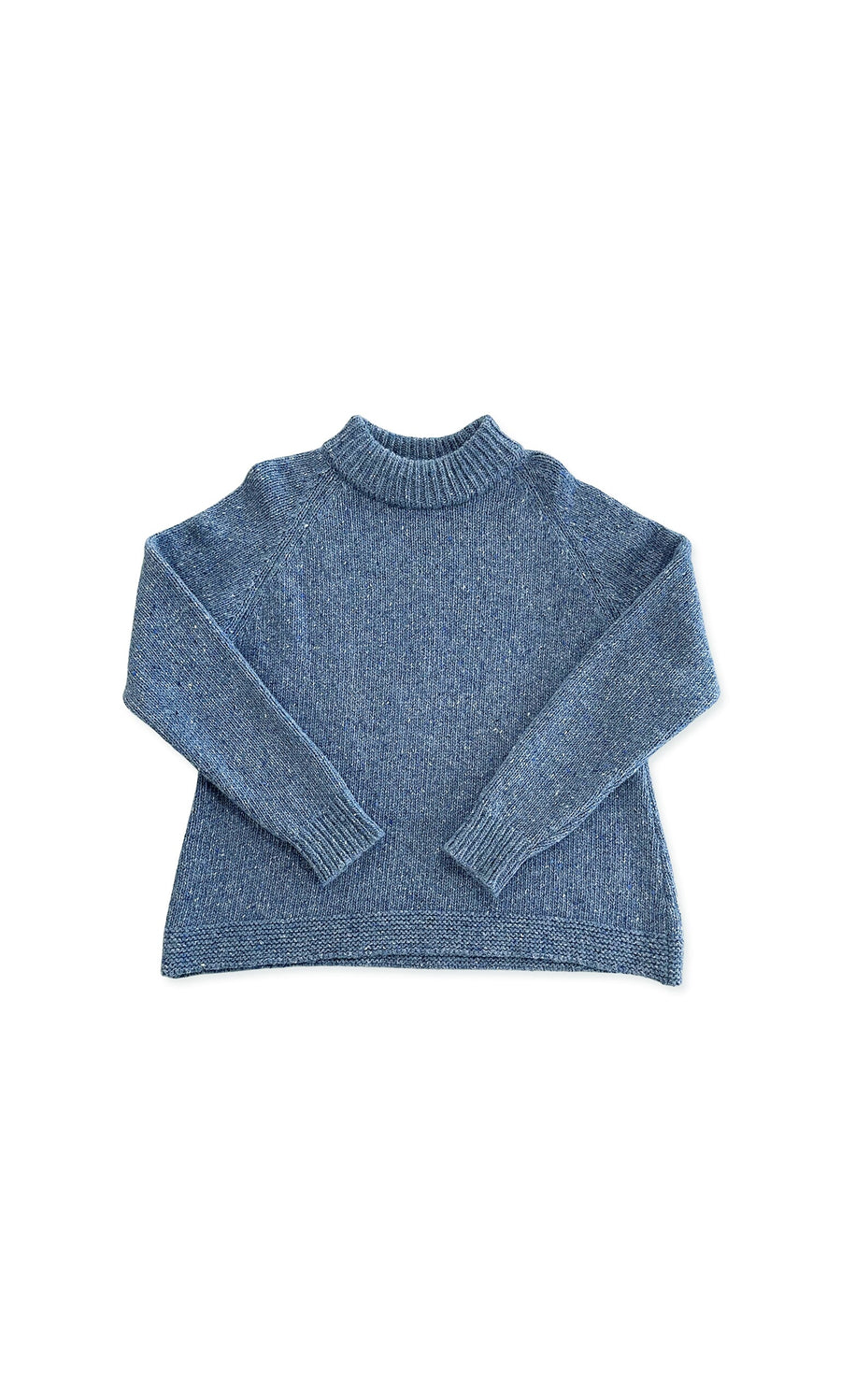 Plümo- Anya Sweater: blue knitted crew-neck with ribbed collar, cuffs, and hem, laid flat on a white background.