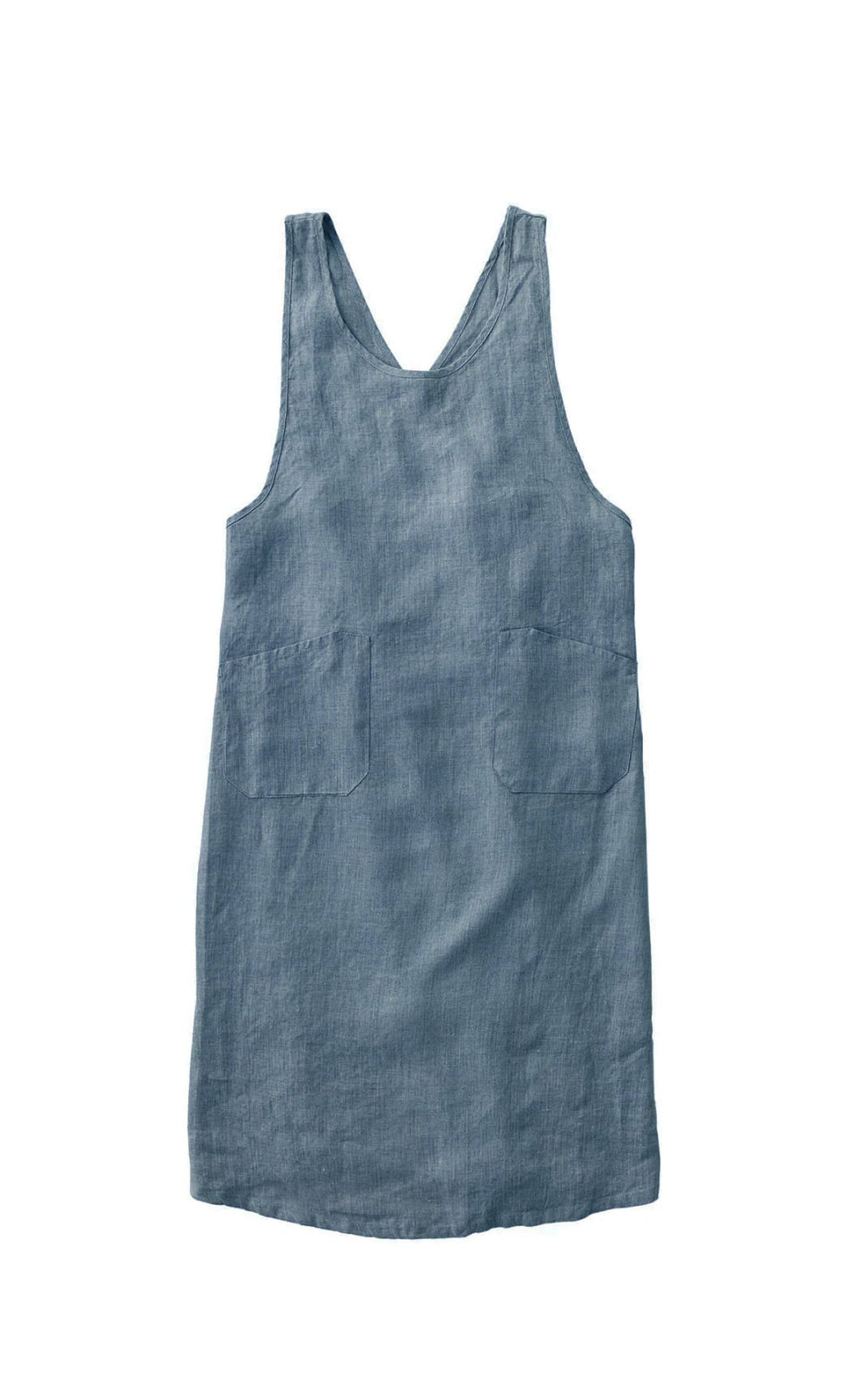 Plümo- Arden Pinafore: sleeveless blue linen A-line apron dress with two front pockets, shown flat on a white background.