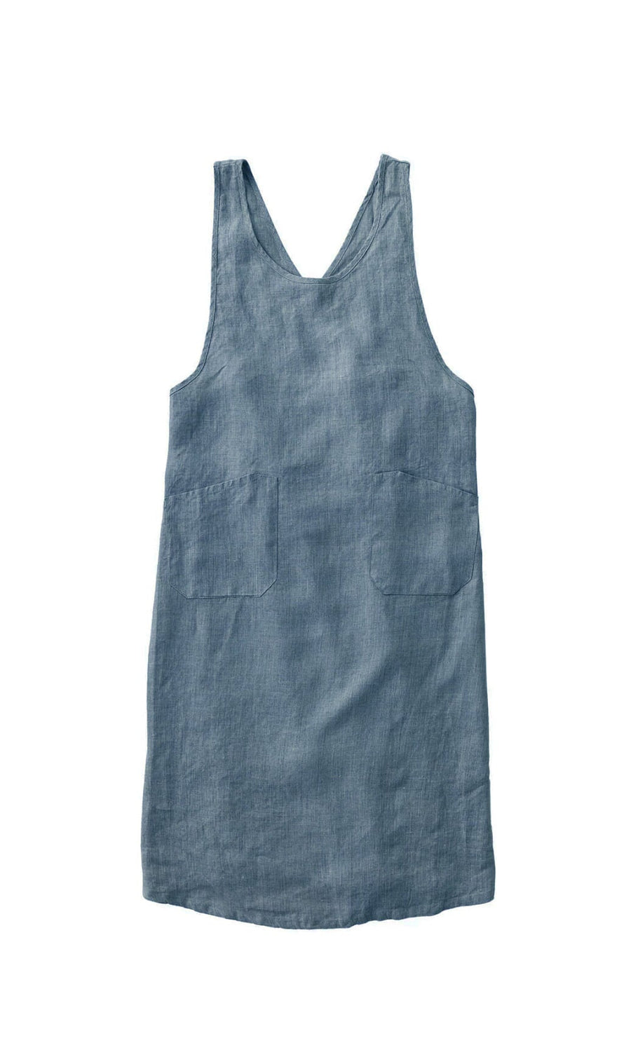 Plümo- Arden Pinafore: sleeveless blue linen A-line apron dress with two front pockets, shown flat on a white background.