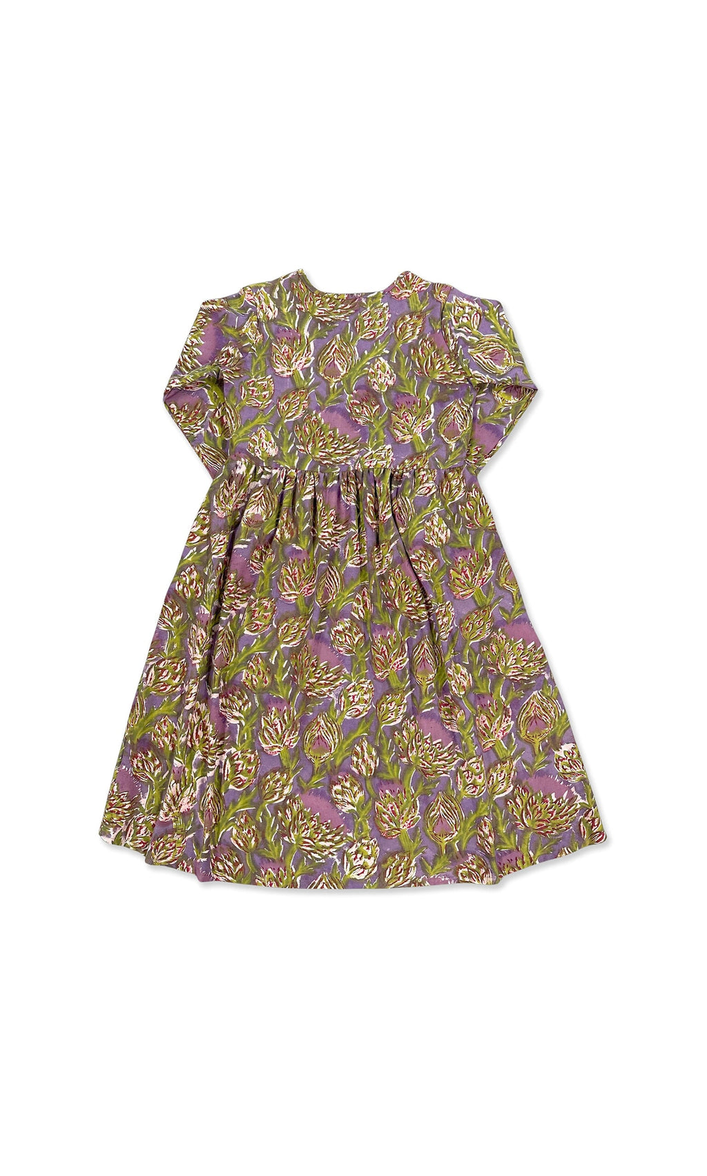 Plümo- Artichoke Dress: long-sleeved children's midi with purple, green, and yellow floral and artichoke print, laid flat.