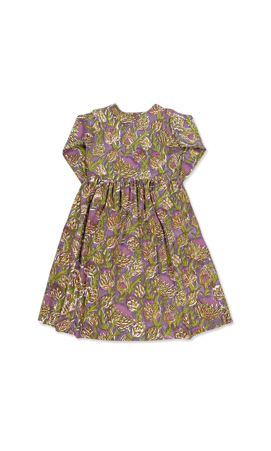 Plümo- Artichoke Dress: long-sleeved children's midi with purple, green, and yellow floral and artichoke print, laid flat.
