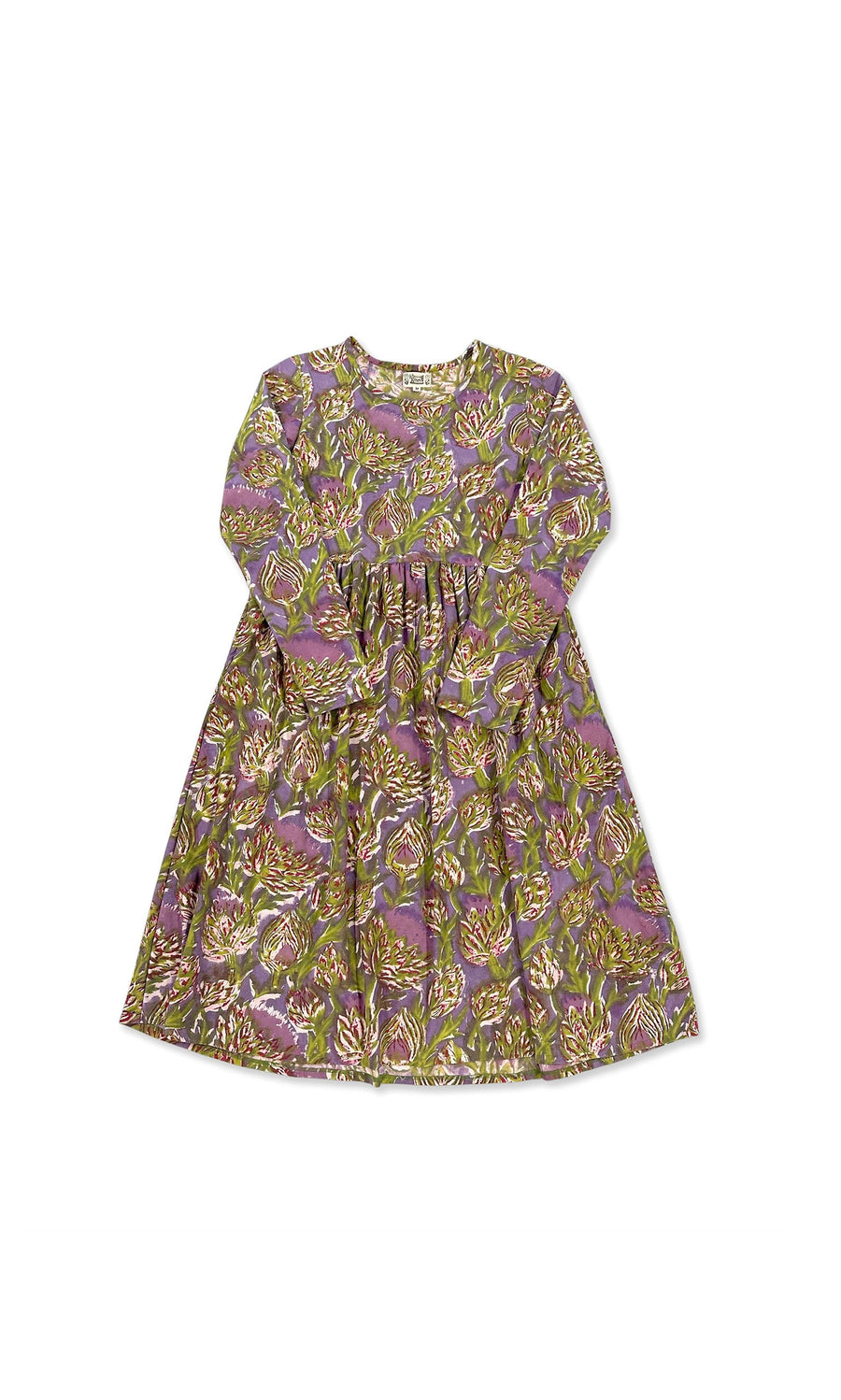Plümo- Artichoke Dress: long-sleeve cotton jersey midi with purple, green, and white floral pattern on white background.