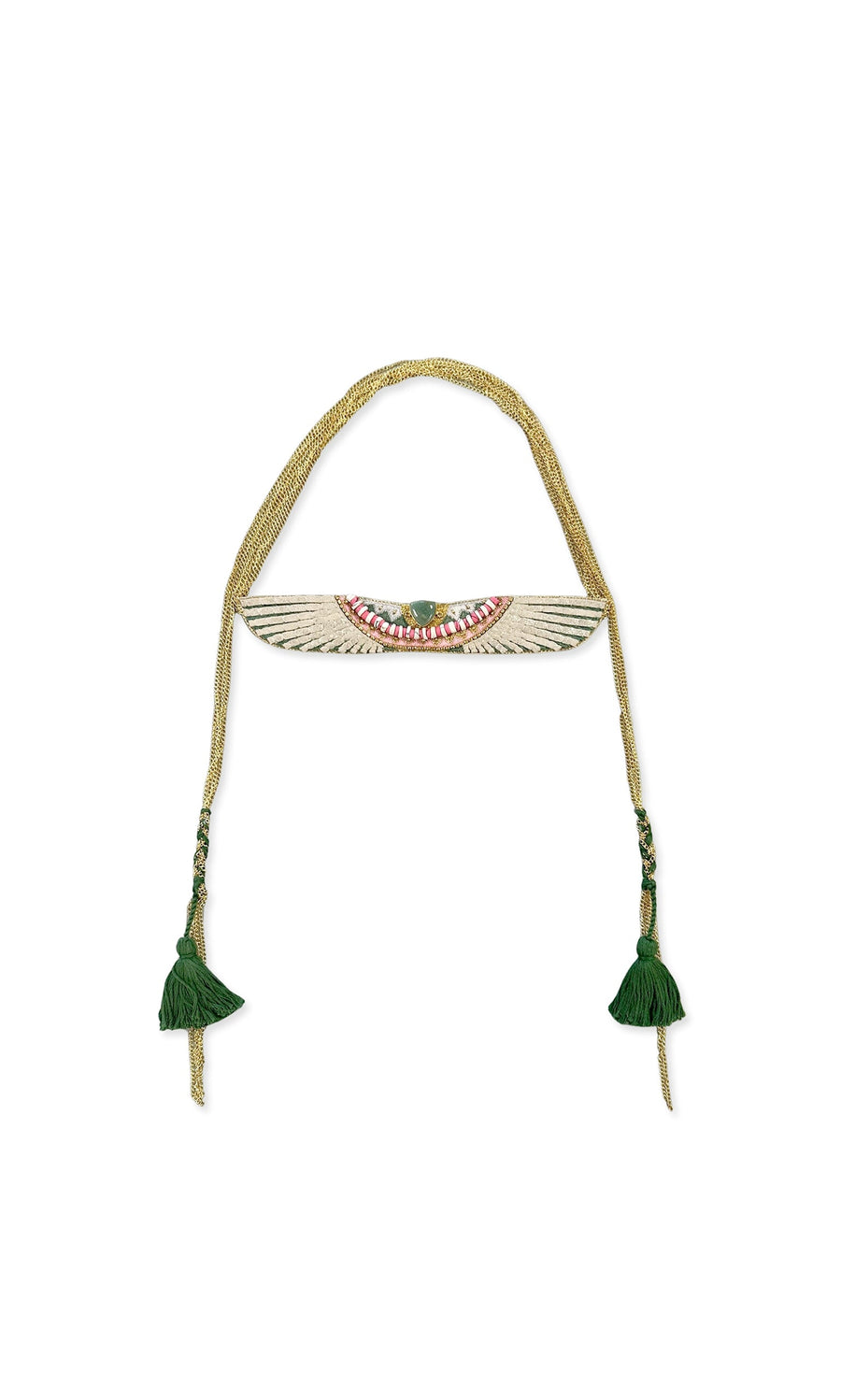 Plümo- Aventurine Choker: Egyptian-inspired, hand-embroidered with a winged design, colorful accents, and green tassels.