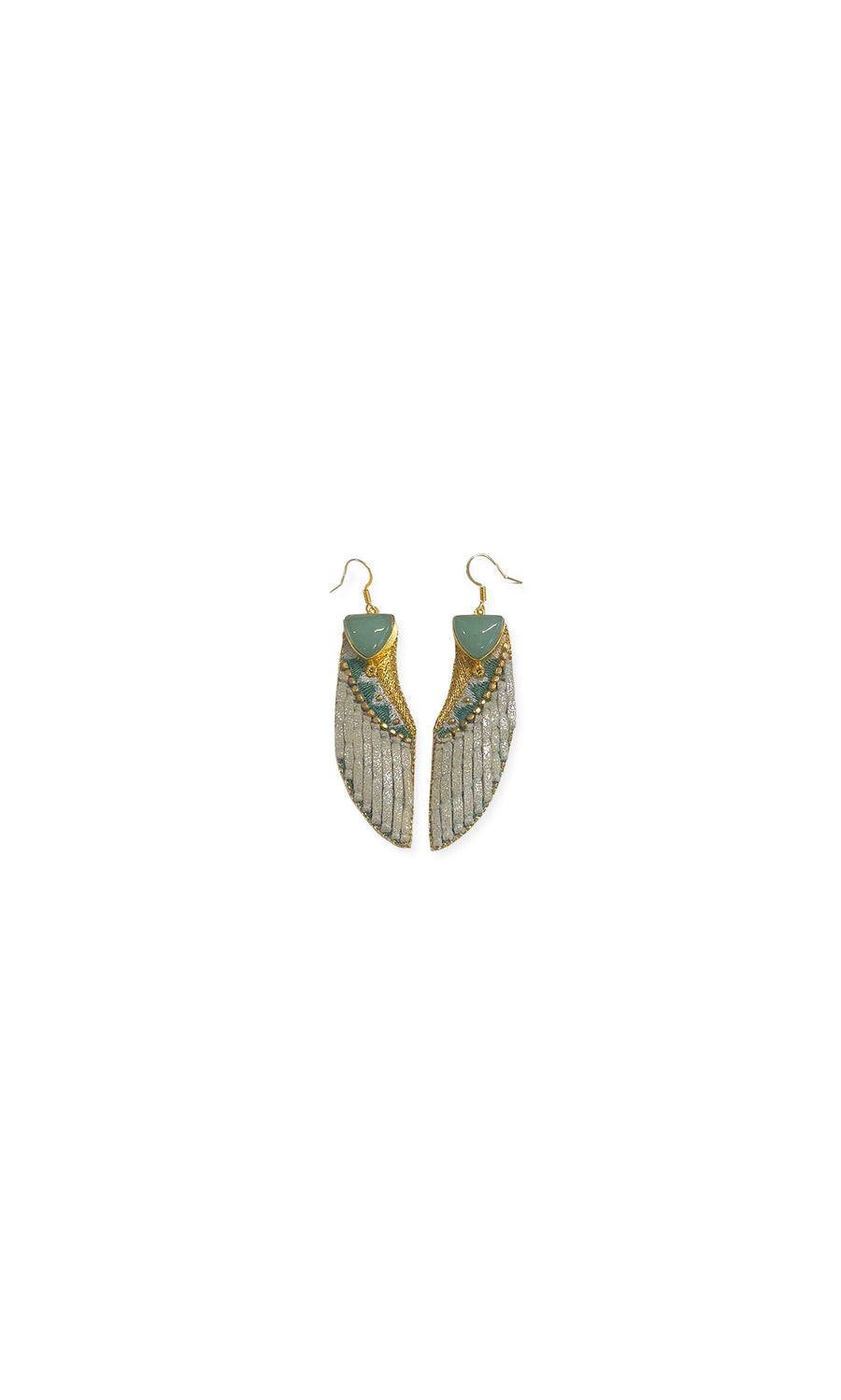Plümo- Aventurine Drop Earrings: Gold and green wing-shaped, hand-embroidered with beads, sequins, silver  gold accents.