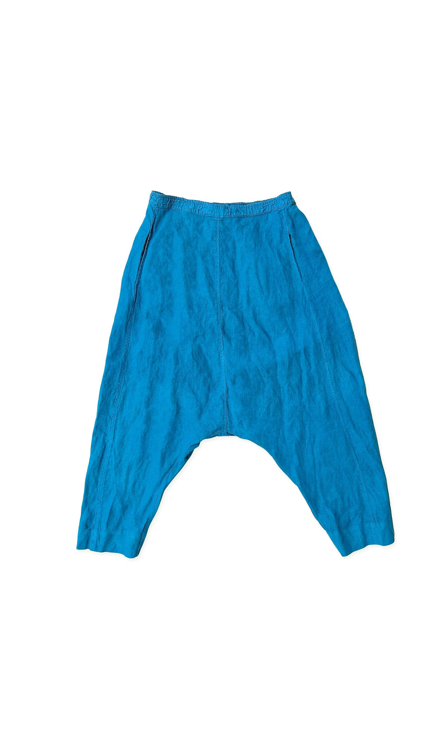 Plümo- Avis Trousers: bright blue, relaxed fit harem pants with an elastic waist, made from lightweight linen.