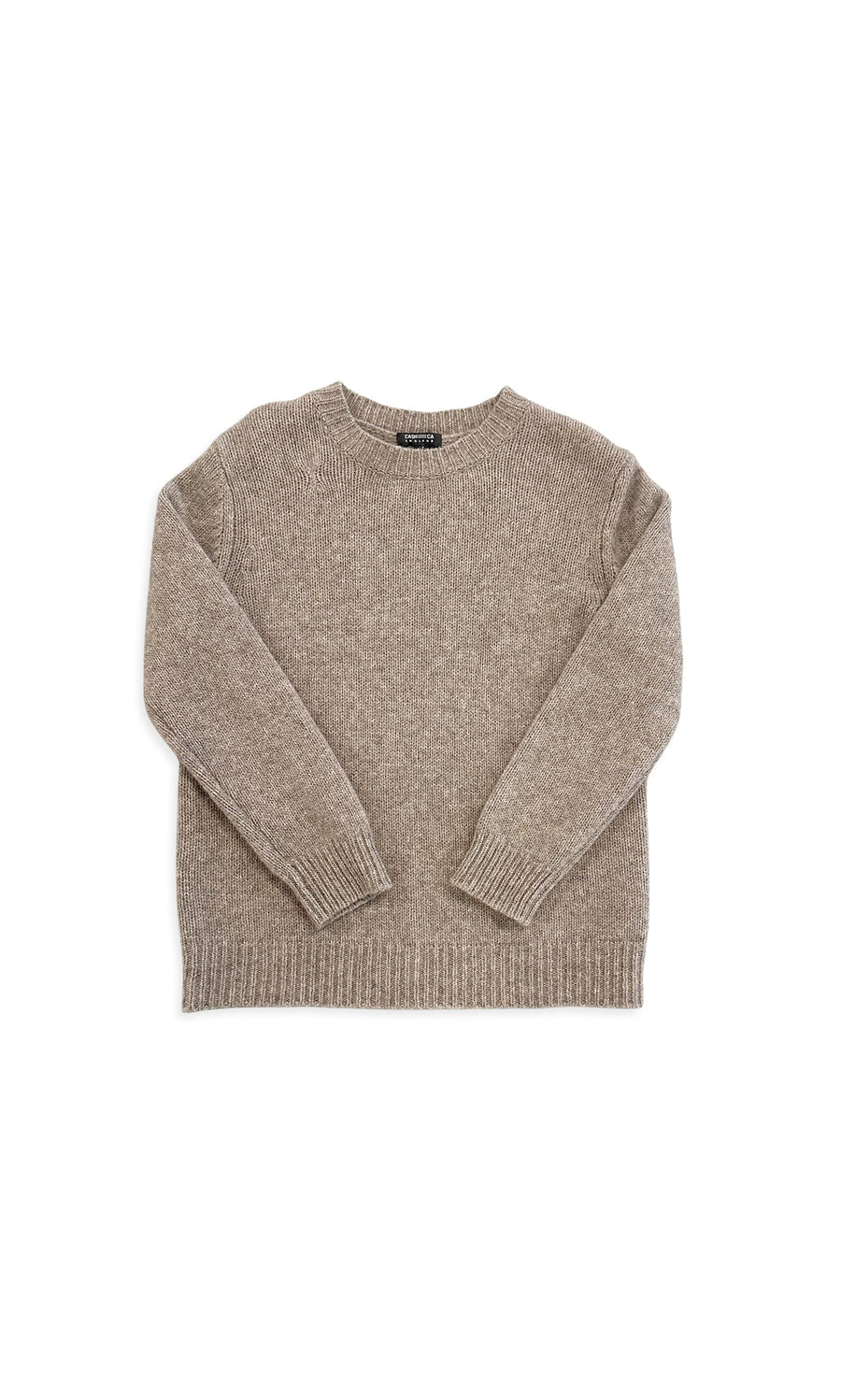 Plümo- Beatrix Sweater: light brown yak wool, long sleeves, ribbed cuffs, shown flat on a white background.