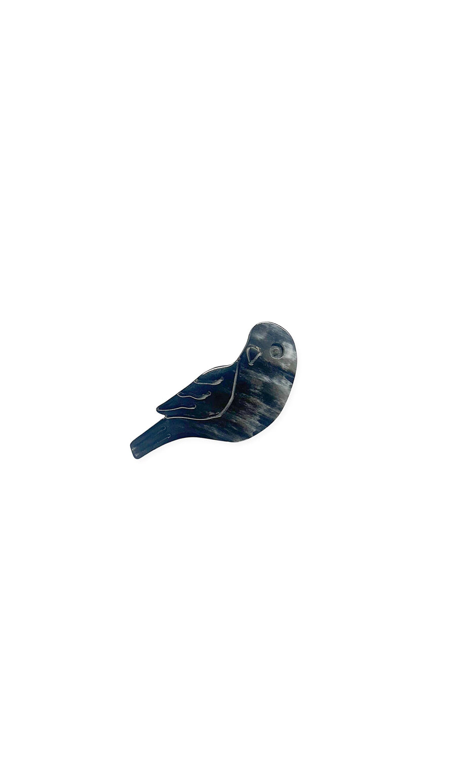 Plümo- Birdie Brooch: Small, carved dark stone brooch with simple engraved details, inspired by African craftsmanship.