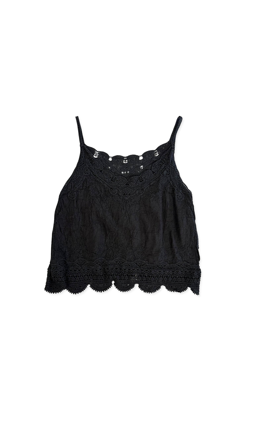 Plümo- Bethan Top: black lace crop top with crochet detail, thin straps, and scalloped hem on a white background.