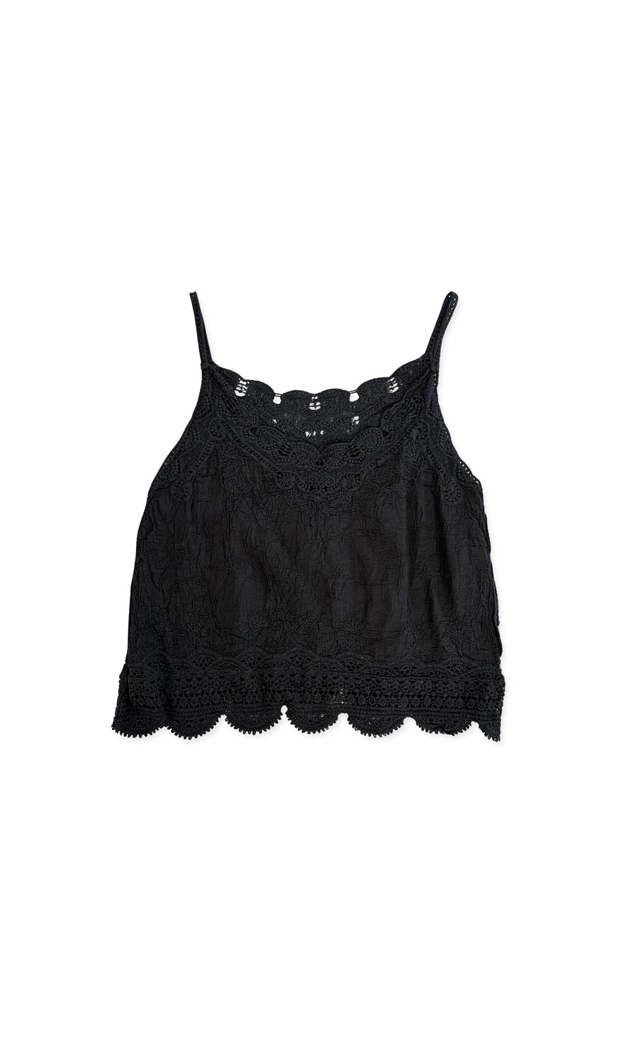 Plümo- Bethan Top: black lace crop top with crochet detail, thin straps, and scalloped hem on a white background.