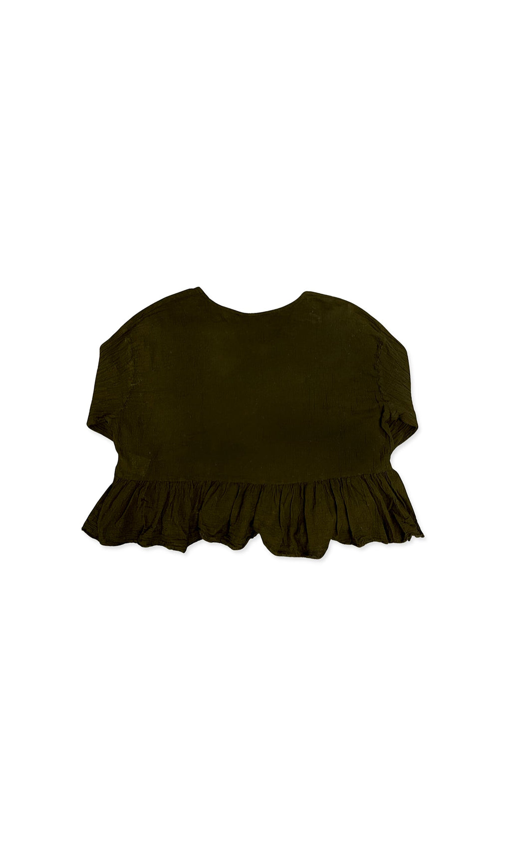 Plümo- Peplum Crinkle Top in dark olive green, hand dyed, with short sleeves and a ruffled peplum hem on white background.
