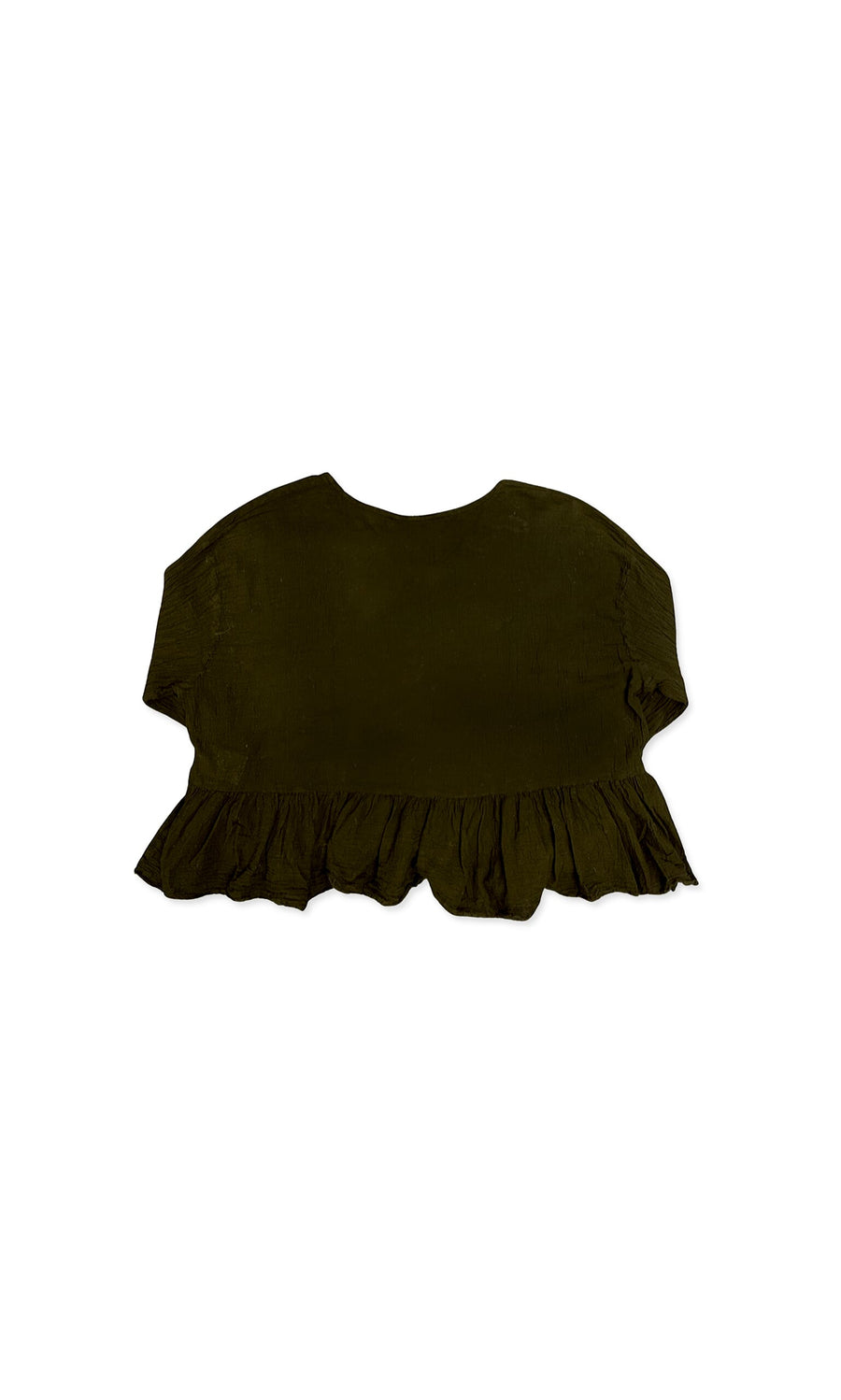 Plümo- Peplum Crinkle Top in dark olive green, hand dyed, with short sleeves and a ruffled peplum hem on white background.