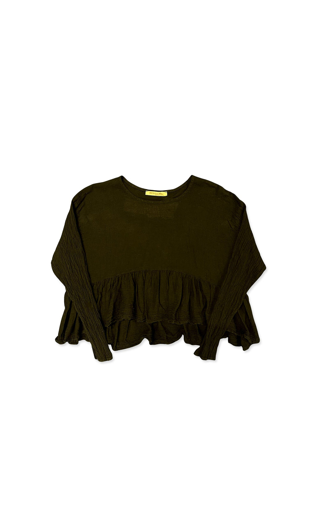 Plümo- Peplum Crinkle Top: black long-sleeve with ruffled hem and loose fit, shown laid flat on a white background.