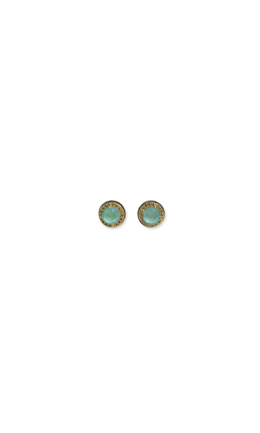 Plümo- Aio Studs: Chunky gold earrings with oval green stones and clear crystals on a white background.