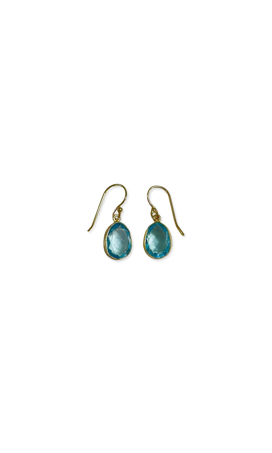 Plümo- Blue Quartz Earrings feature gold-plated hooks and round blue quartz crystals in a bezel setting.