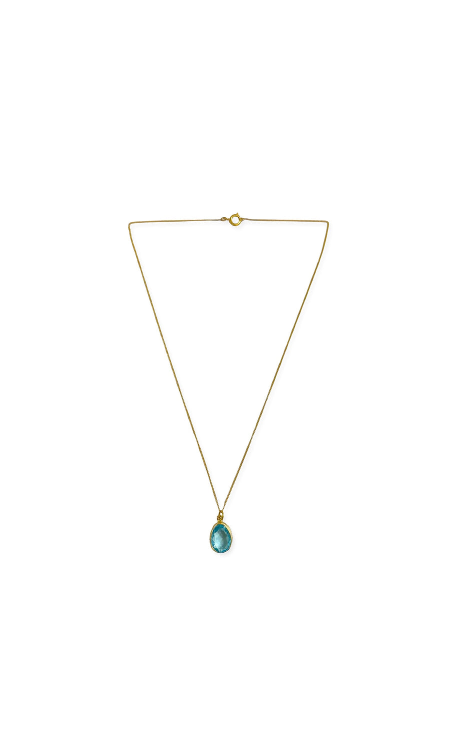 Plümo- Blue Quartz Necklace: gold link chain with a round blue quartz pendant, shown on a white background.