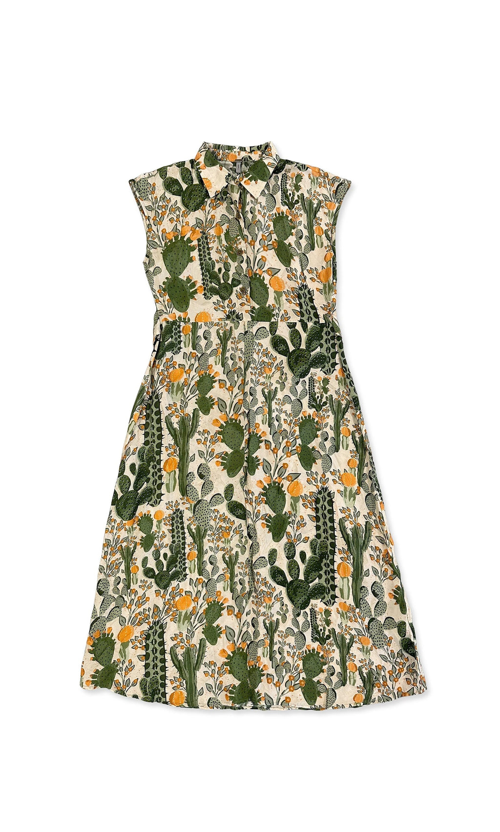 Plümo- The Cactus Dress is a sleeveless midi with green, yellow, and orange floral print and a collared neckline.
