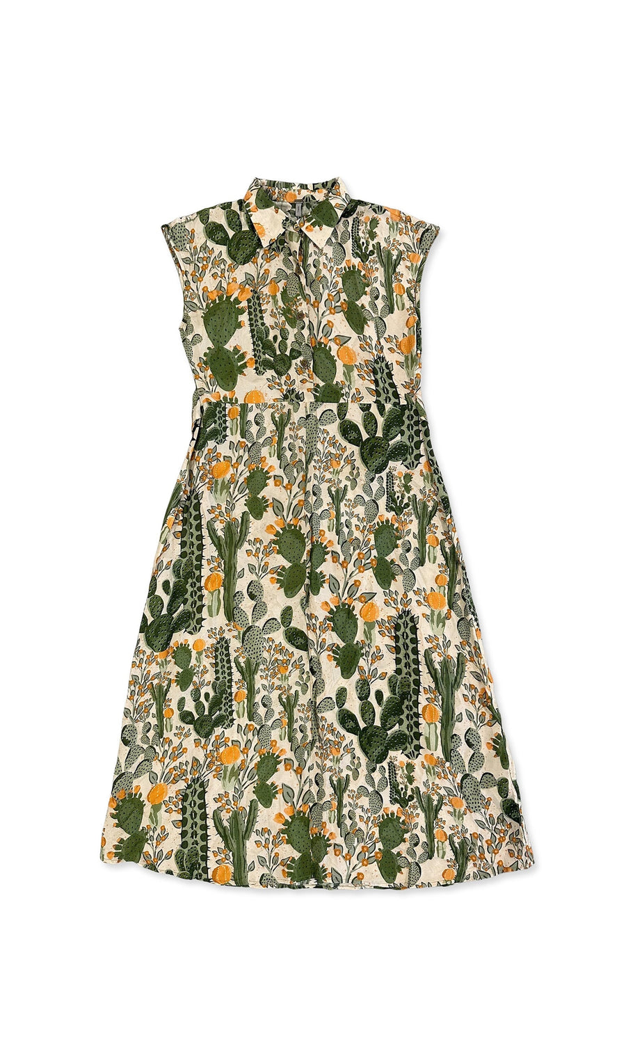 Plümo- The Cactus Dress is a sleeveless midi with green, yellow, and orange floral print and a collared neckline.