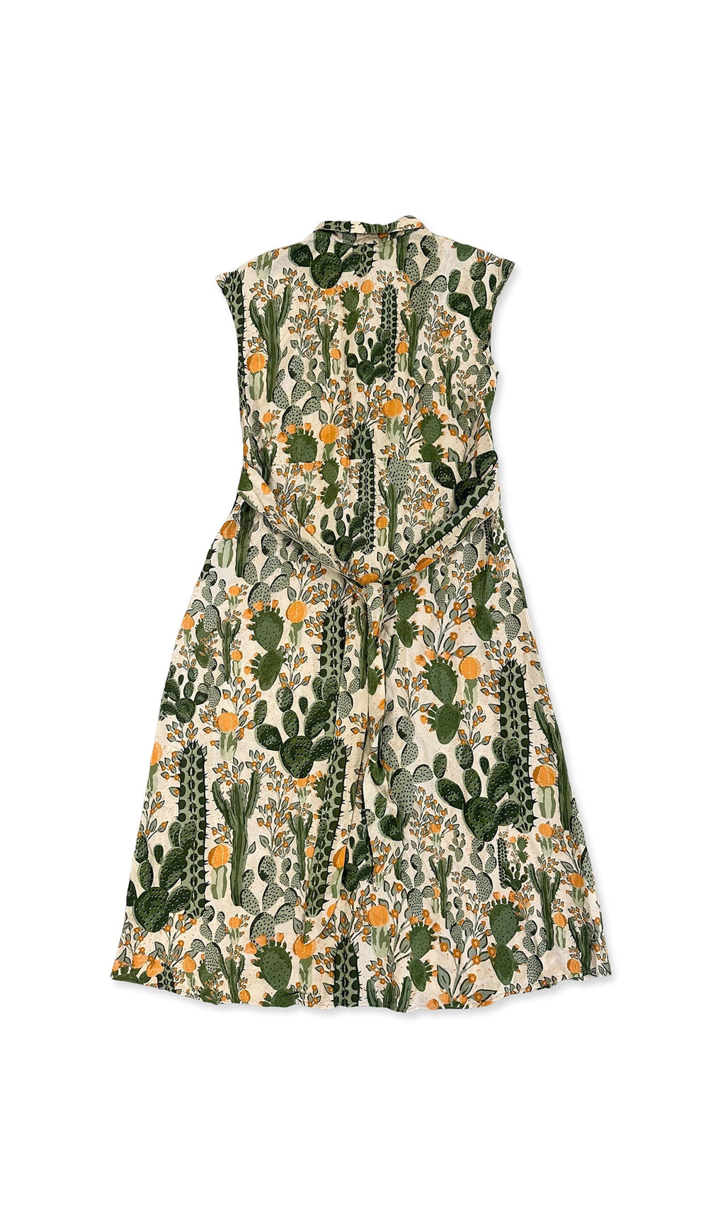 Plümo- Cactus Dress: Sleeveless midi with green and yellow cactus print and waist tie, shown on white background.