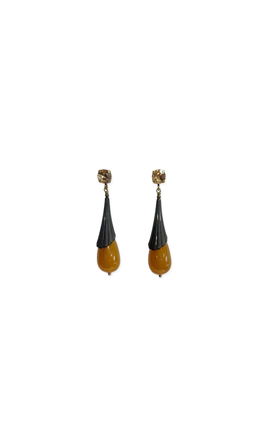 Plümo- Campanule Earrings: Drop earrings with black conical tops and faceted amber crystal teardrop stones.