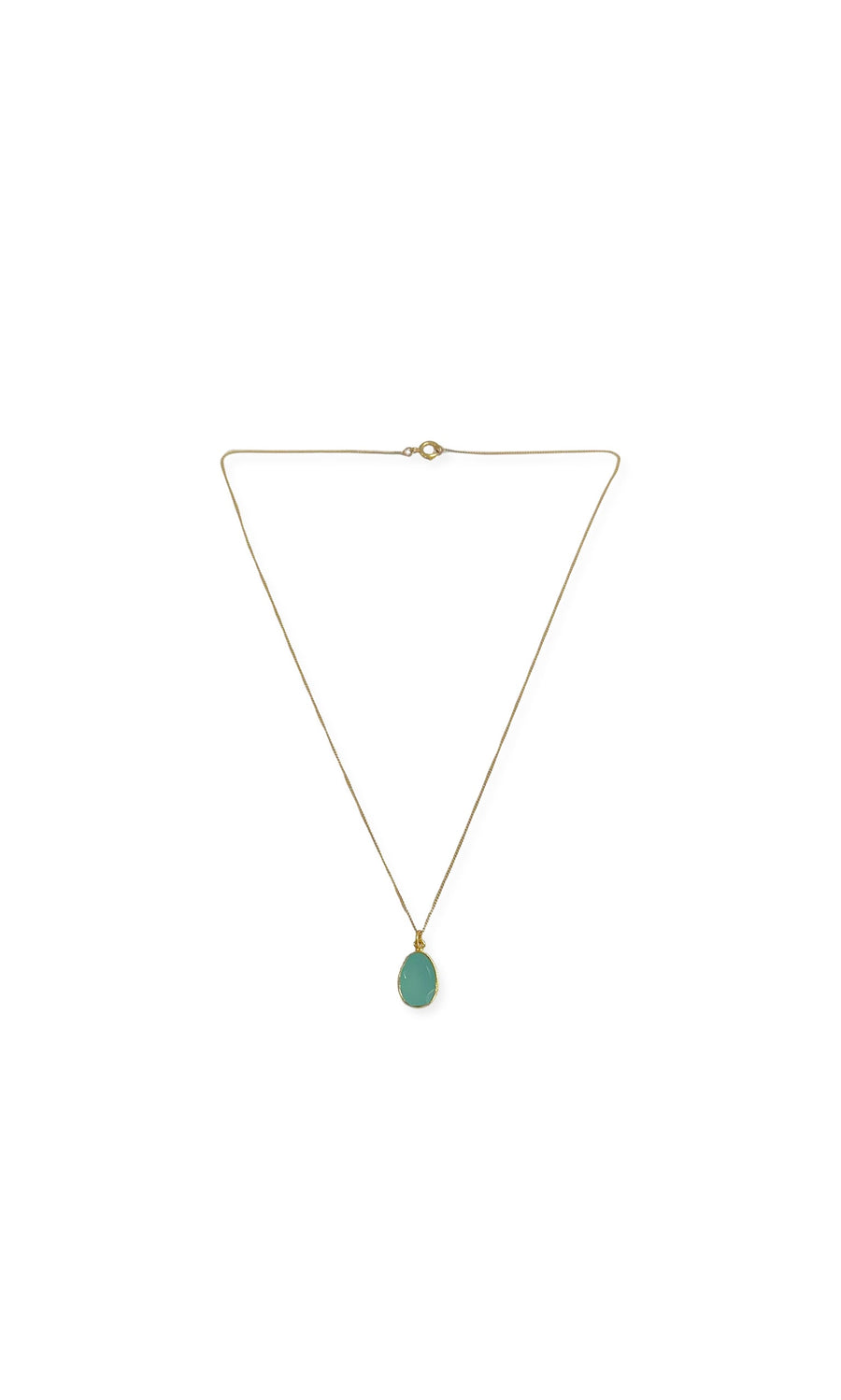 Plümo- Chalcedony Necklace: gold link chain with a round green pendant on a plain white background.