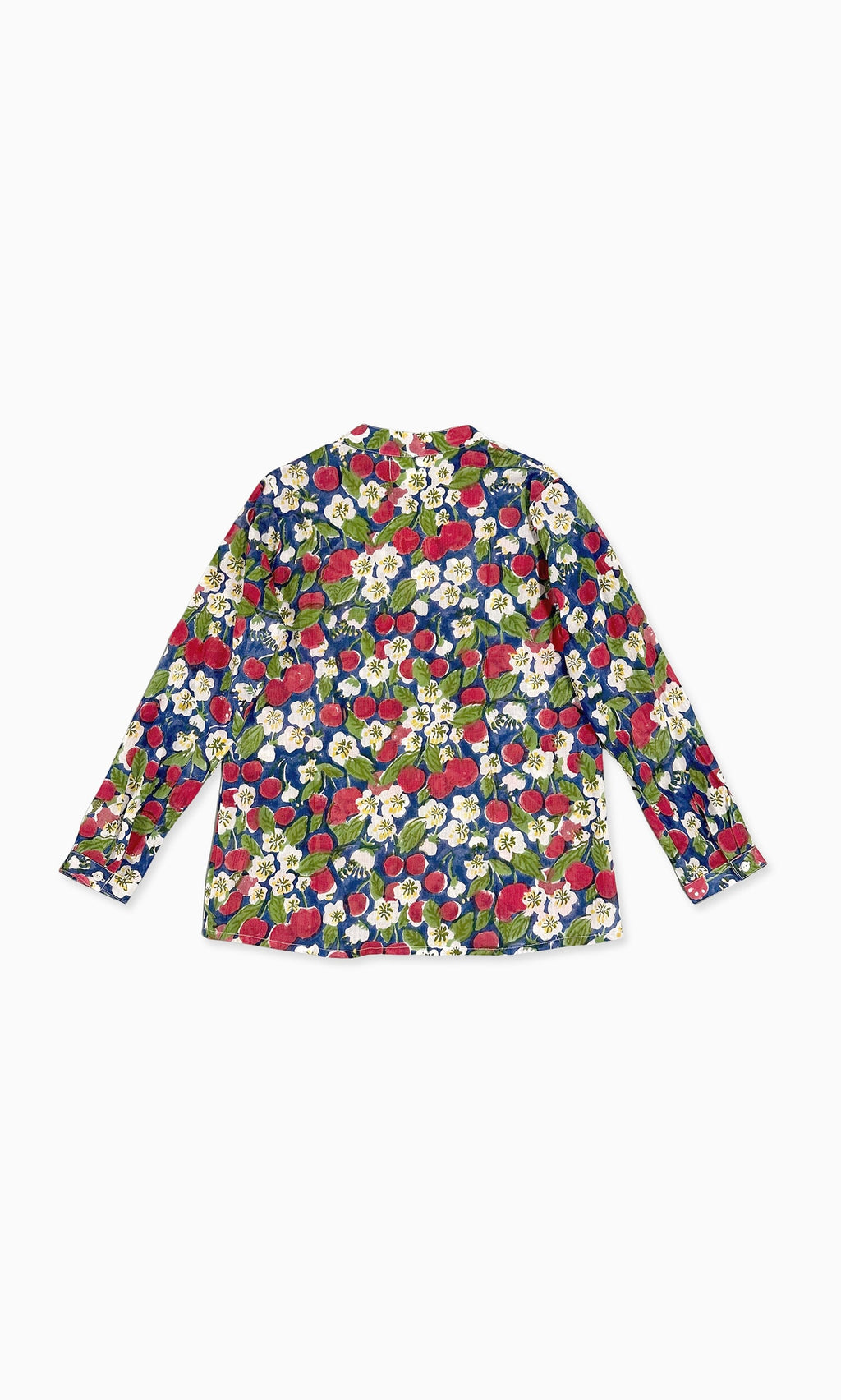 Plümo- Cherry Blossom Shirt: A long-sleeve cotton top with a vibrant floral and strawberry print, block-print inspired, back view.