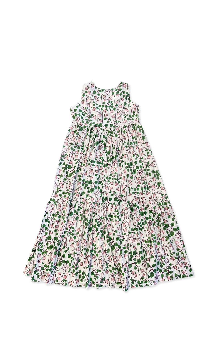 Plümo- The Connie Dress is a sleeveless long dress with a tiered skirt and hand-printed florals on a white background.