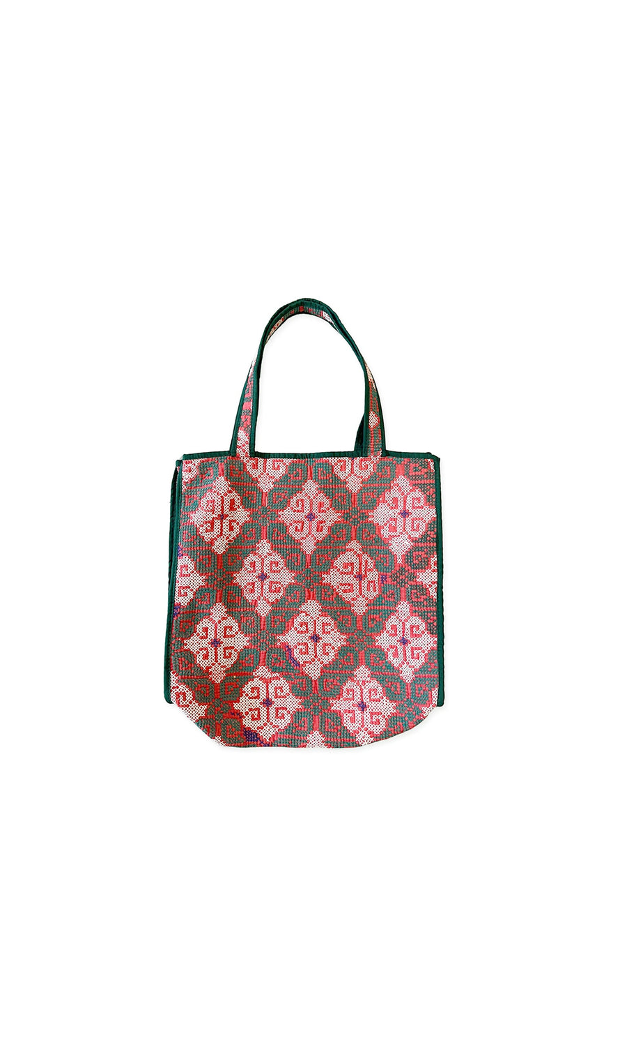Plümo- Cova Bag with pink and red geometric patterns, green-trimmed handles, shown on a white background.