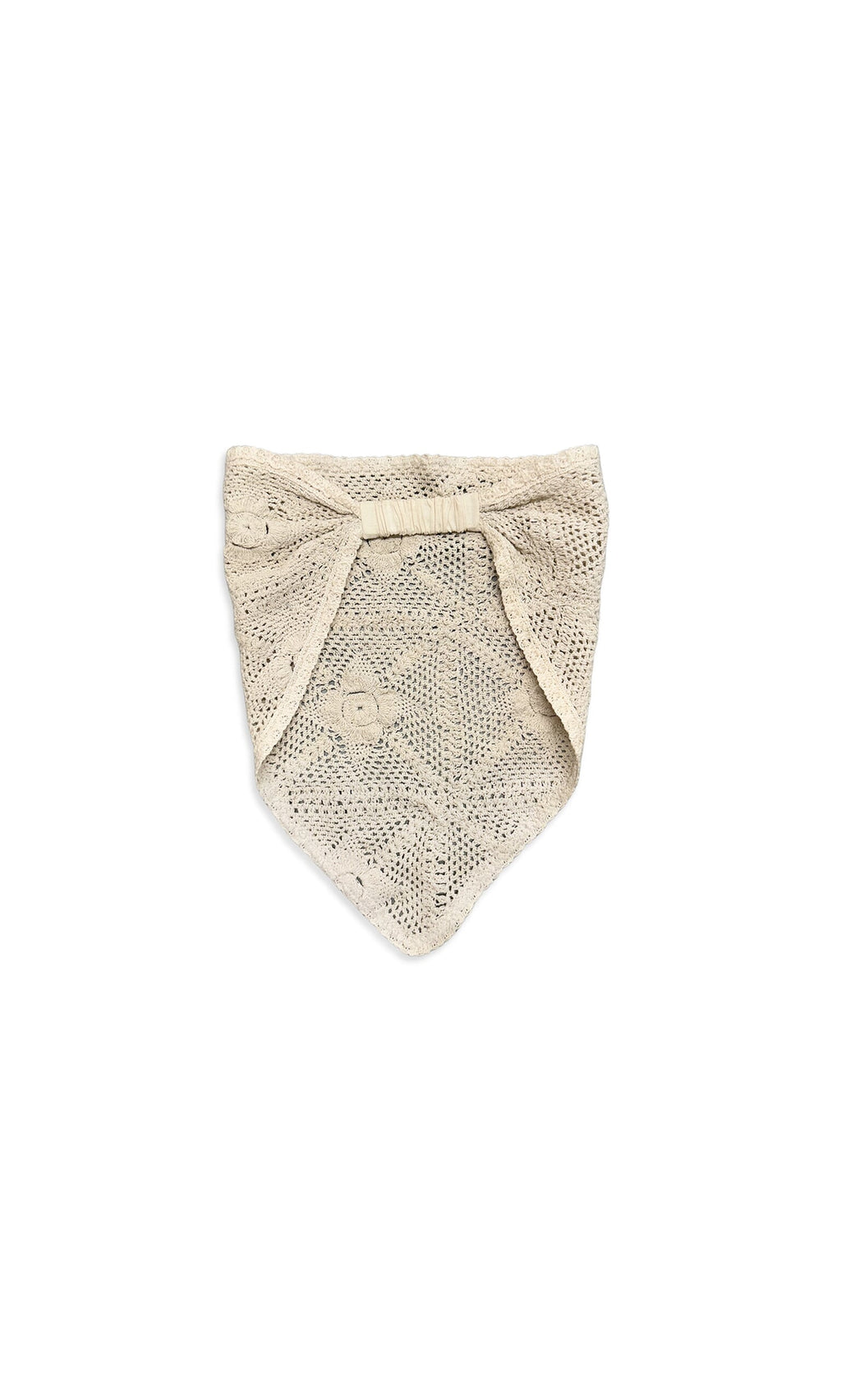 Plümo- Crochet Bandana in cream with open stitch lace design and a decorative bow at the top.