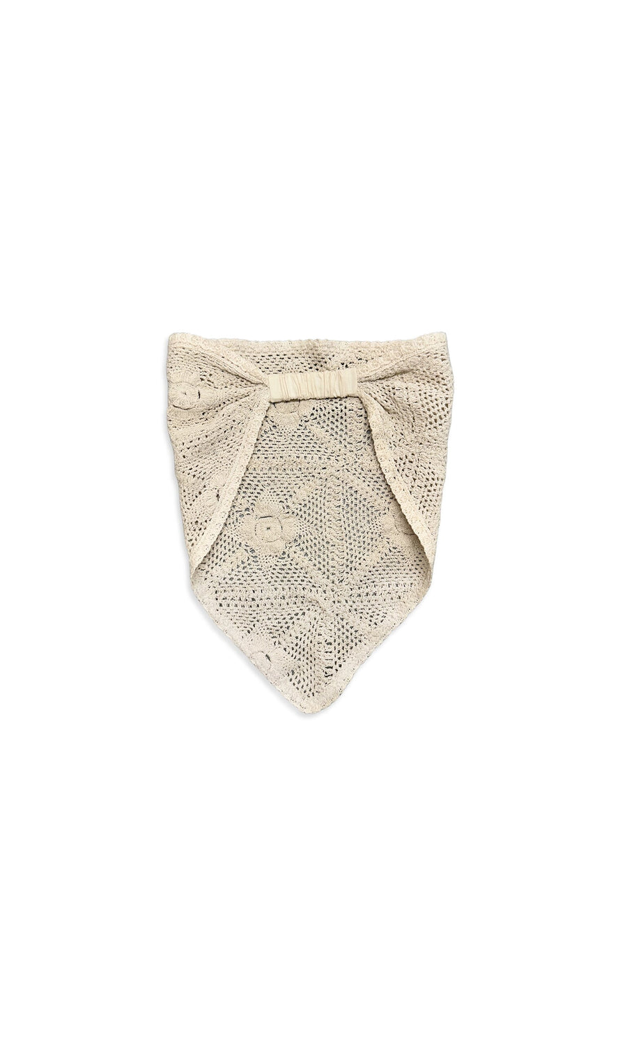 Plümo- Crochet Bandana in cream with open stitch lace design and a decorative bow at the top.