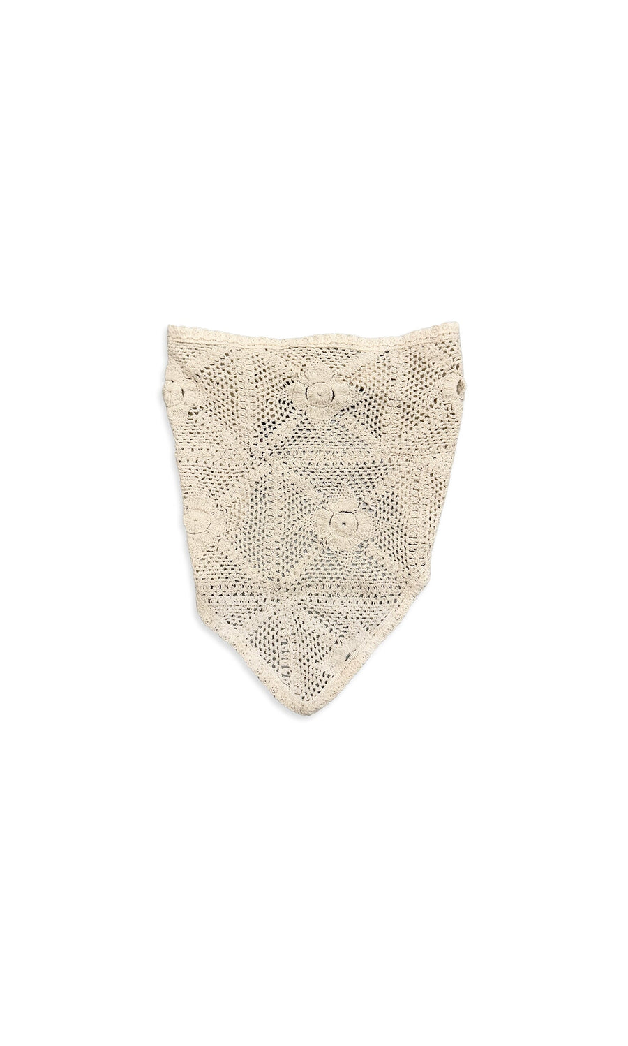 Plümo- Crochet Bandana in beige with a geometric and floral open stitch pattern, shown on a white background.