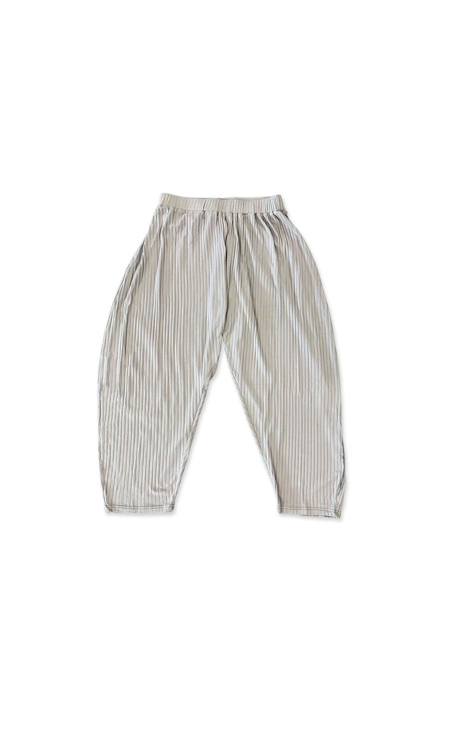 Plümo- Danae Pants - Light Grey: ribbed, drop-crotch trousers with loose fit and elastic waistband, shown flat on white.