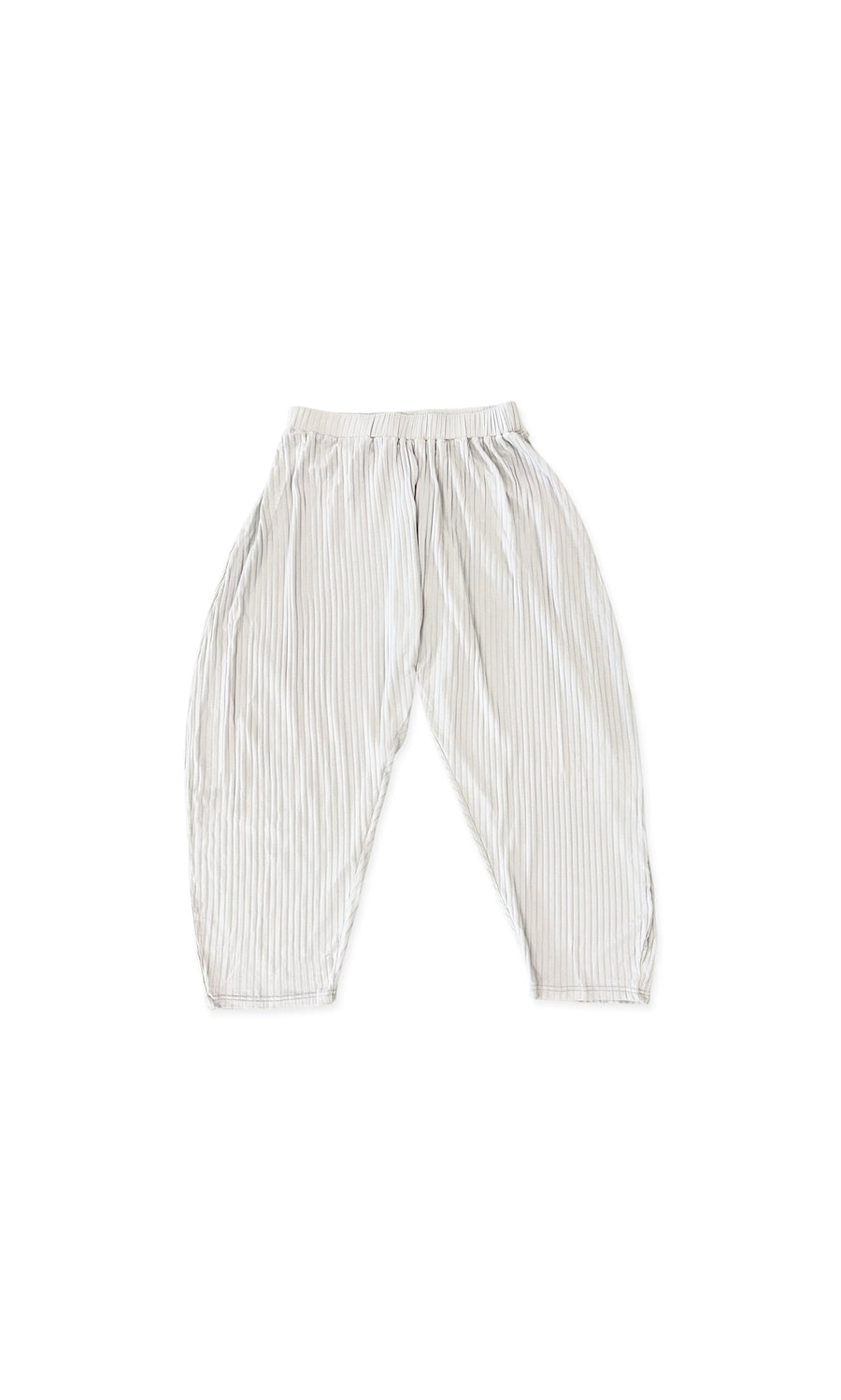 Plümo- Danae Pants - Off White: Loose-fitting ribbed trousers with elastic waistband and light gray stripes on white.