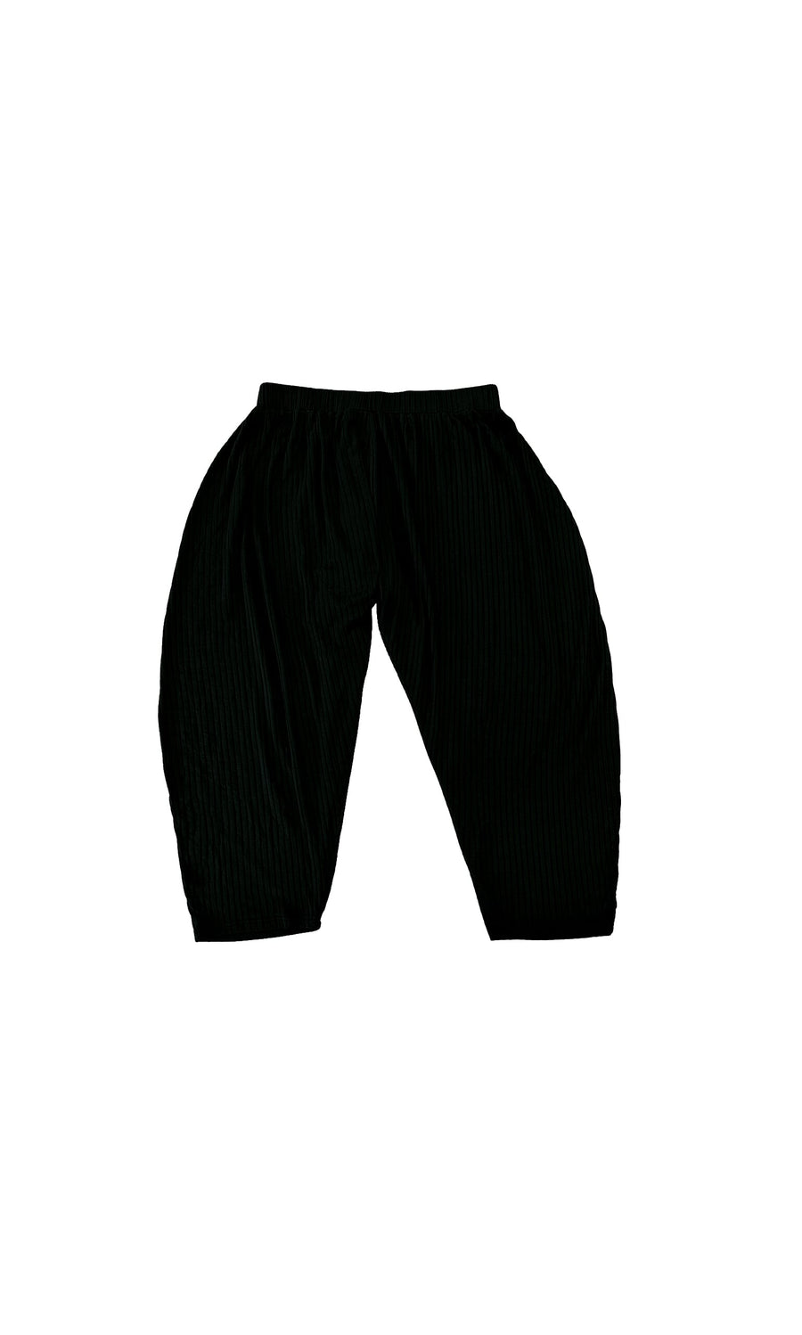Plümo- Danae Pants - Black: Loose-fitting ribbed trousers with a drop-crotch fit, shown on a white background.