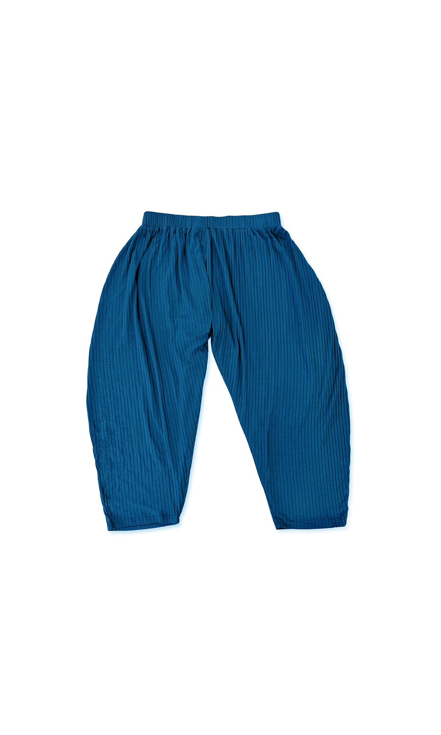 Plümo- Danae Pants - Blue: loose-fit, ribbed trousers with drop-crotch and elastic waistband, shown flat on white background.