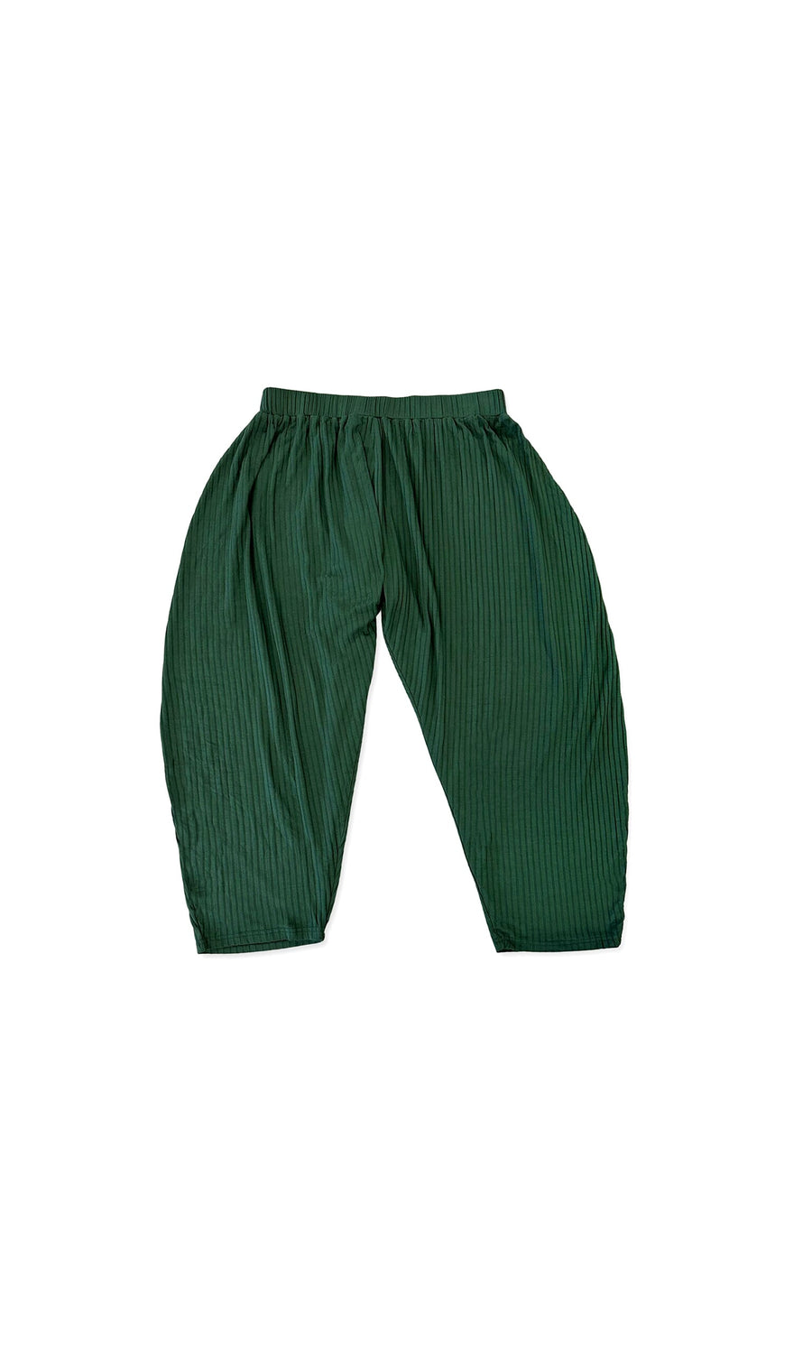 Plümo- Danae Pants - Moss: dark green ribbed trousers with a loose drop-crotch fit and elasticated waistband, shown on white.