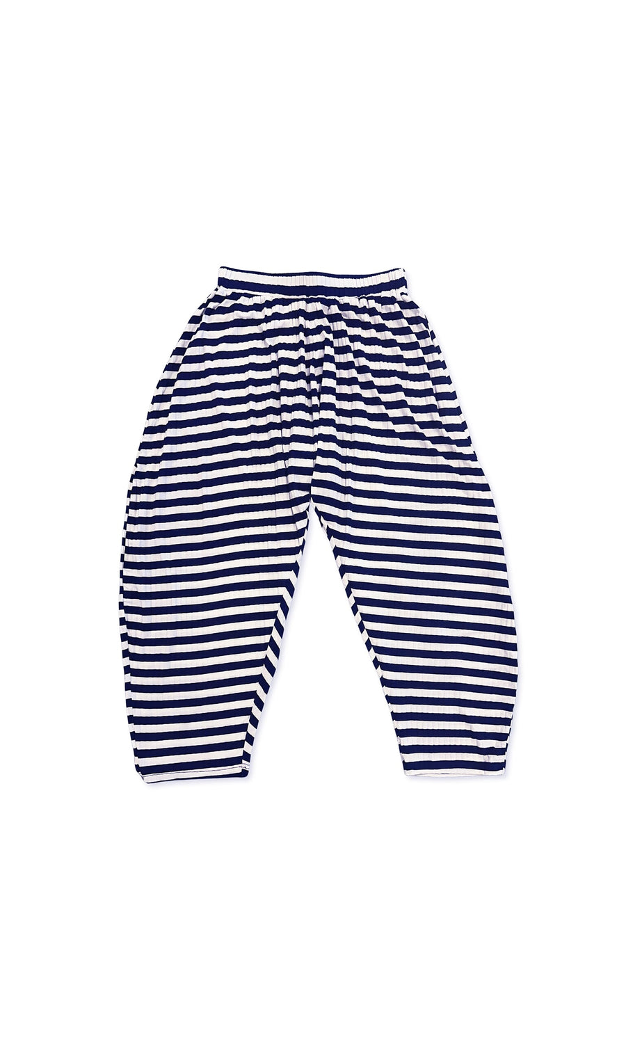Plümo- Danae Pants - Navy Stripe: Loose-fitting ribbed trousers with navy and white stripes and an elastic waistband.