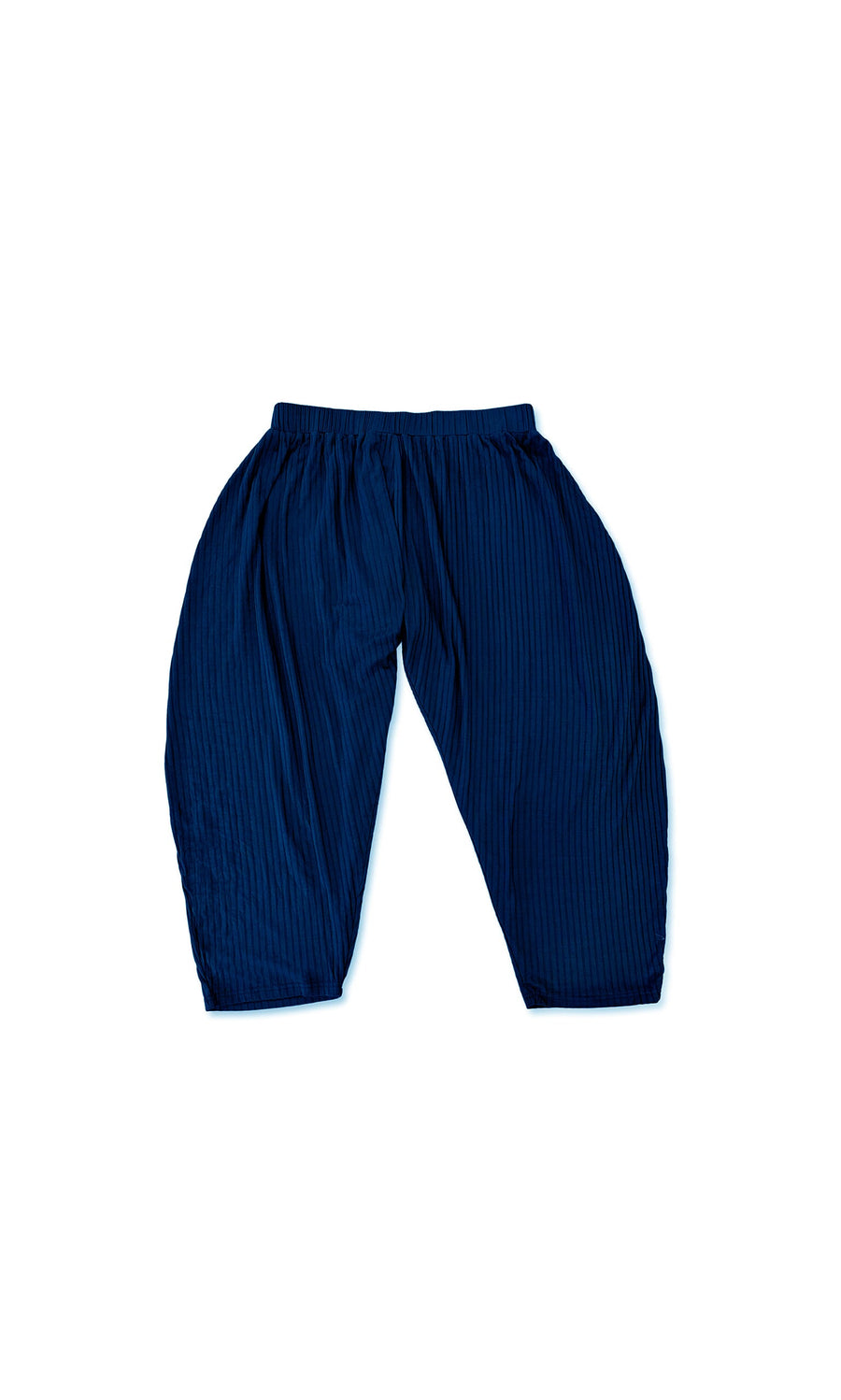 Plümo- Danae Pants - Navy: Loose-fitting ribbed trousers with an elastic waistband and drop-crotch, shown on white background.