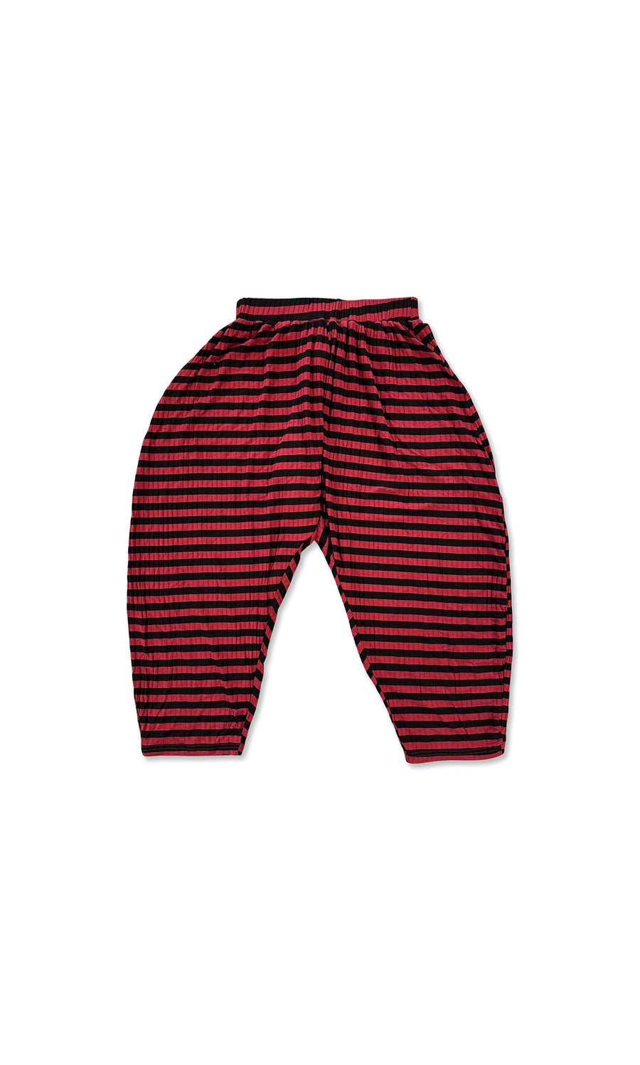 Plümo- Danae Pants - Red Stripe: loose, wide-legged ribbed trousers with red and black stripes, shown flat on white background.