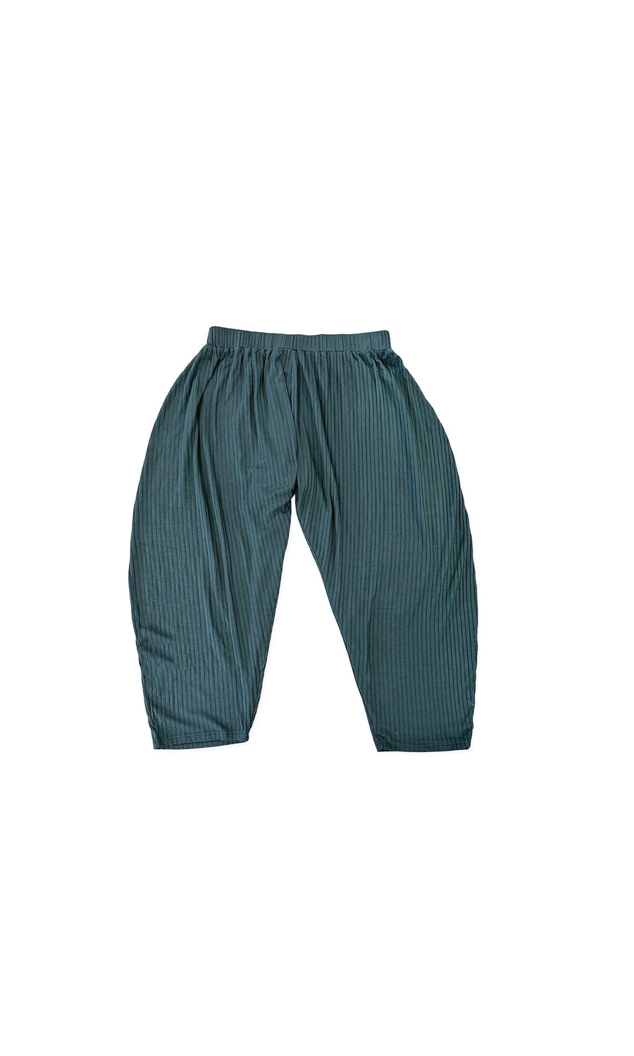 Plümo- Danae Pants - Slate: loose-fitting, teal striped drop-crotch pants with elastic waistband on white background.