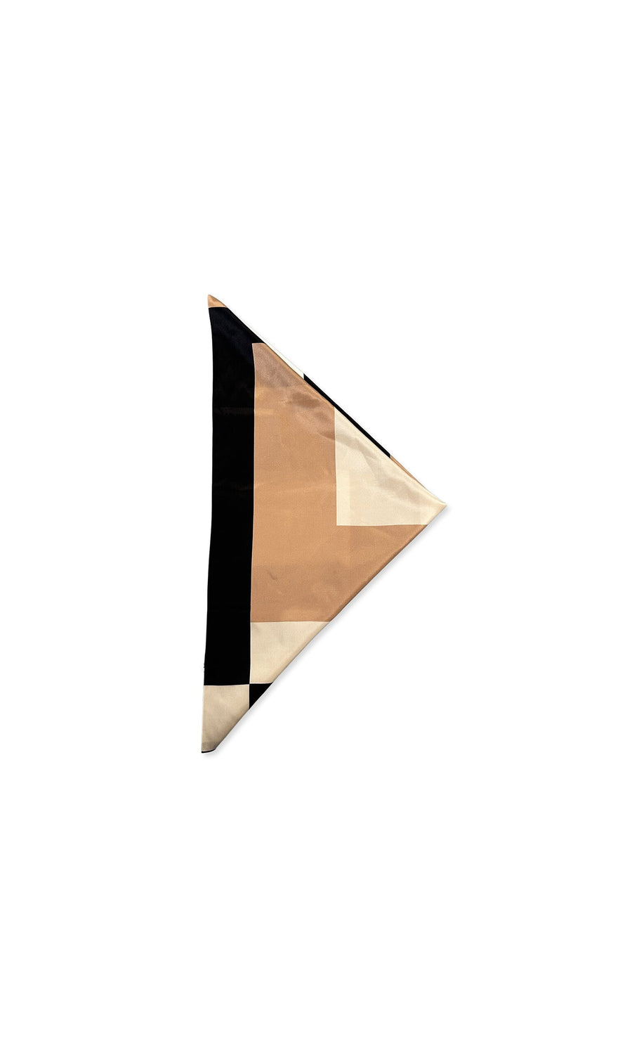 Plümo- The Dea Neck Scarf is a folded triangle silk scarf with black, beige, and tan geometric patterns on white.