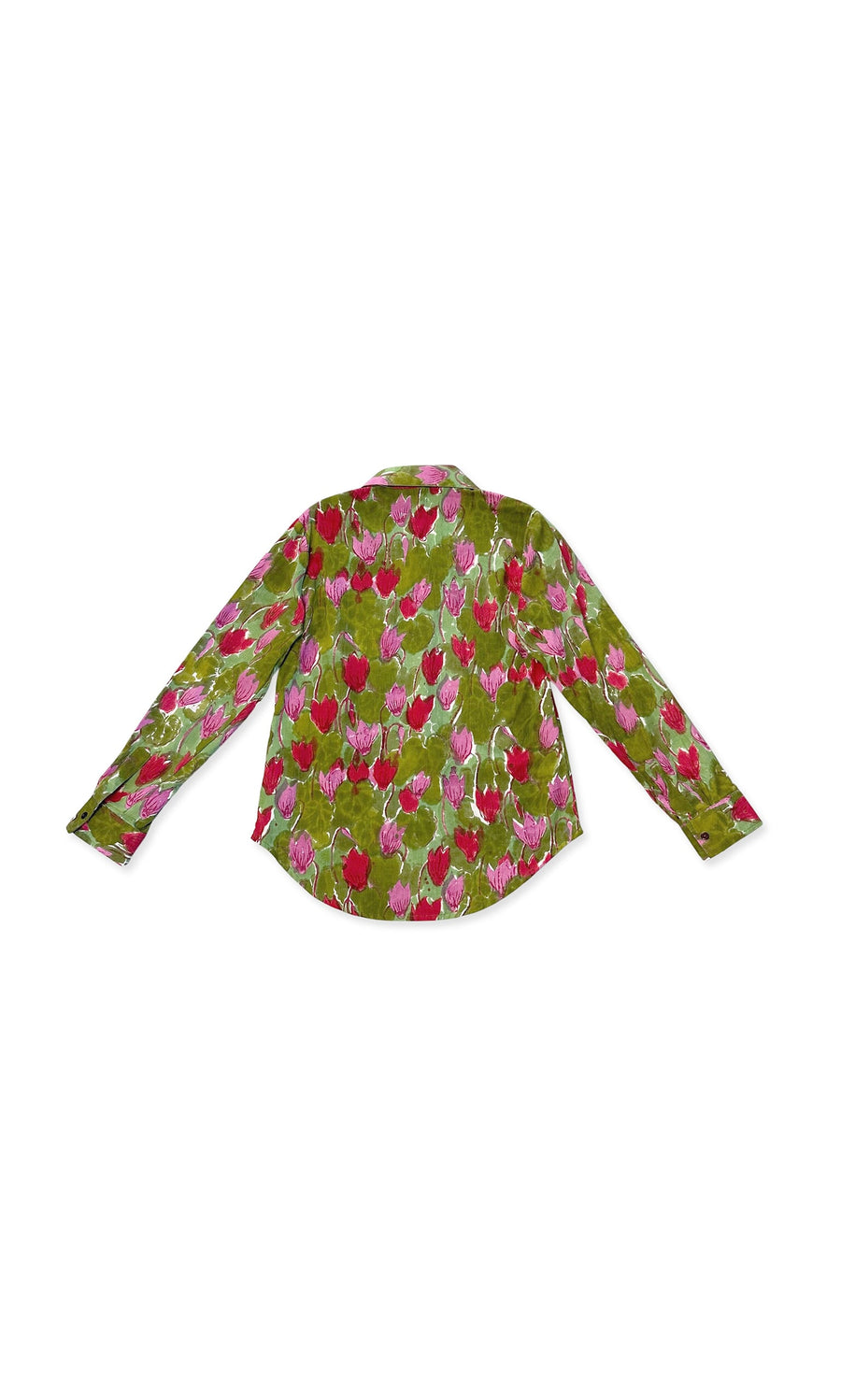 Plümo- Dicentra Shirt: green long-sleeve with pink and red floral pattern, shown flat with sleeves extended.