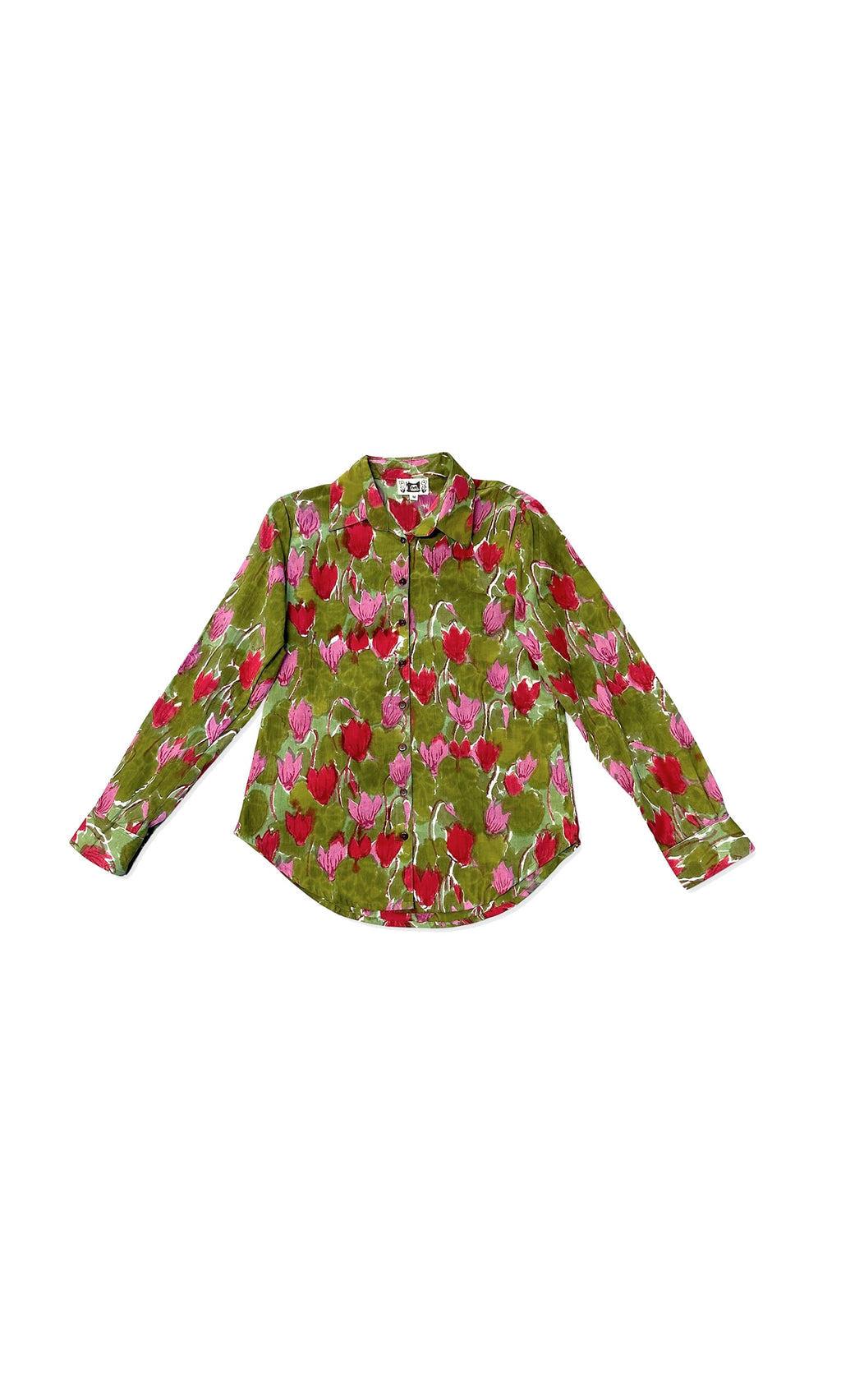 Plümo- Dicentra Shirt: Long-sleeved button-up with green background and pink/red dicentra flower pattern.