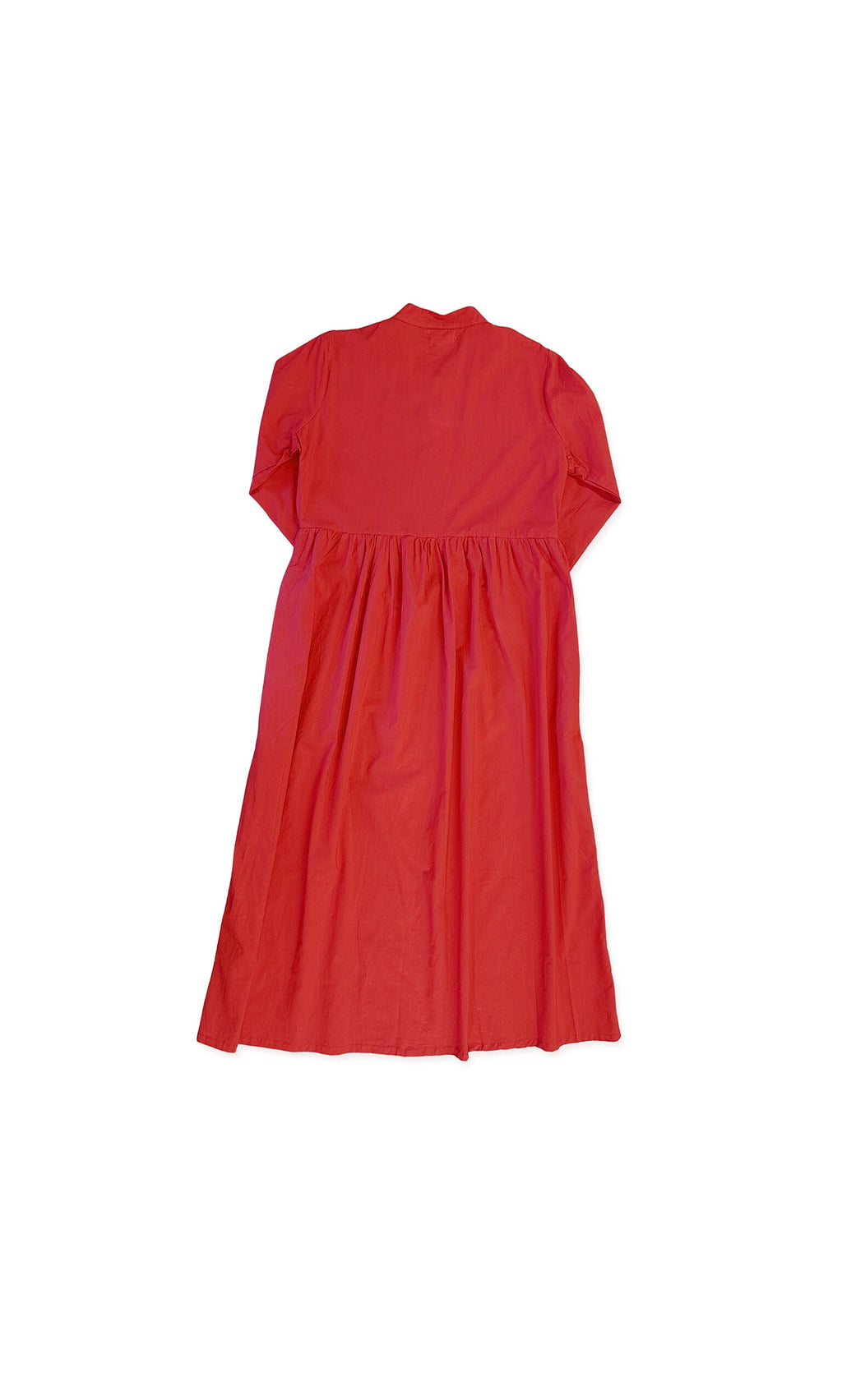 Plümo- The Eldora Dress is a red, long-sleeved, knee-length shirt dress with a stand collar, shown from the back.