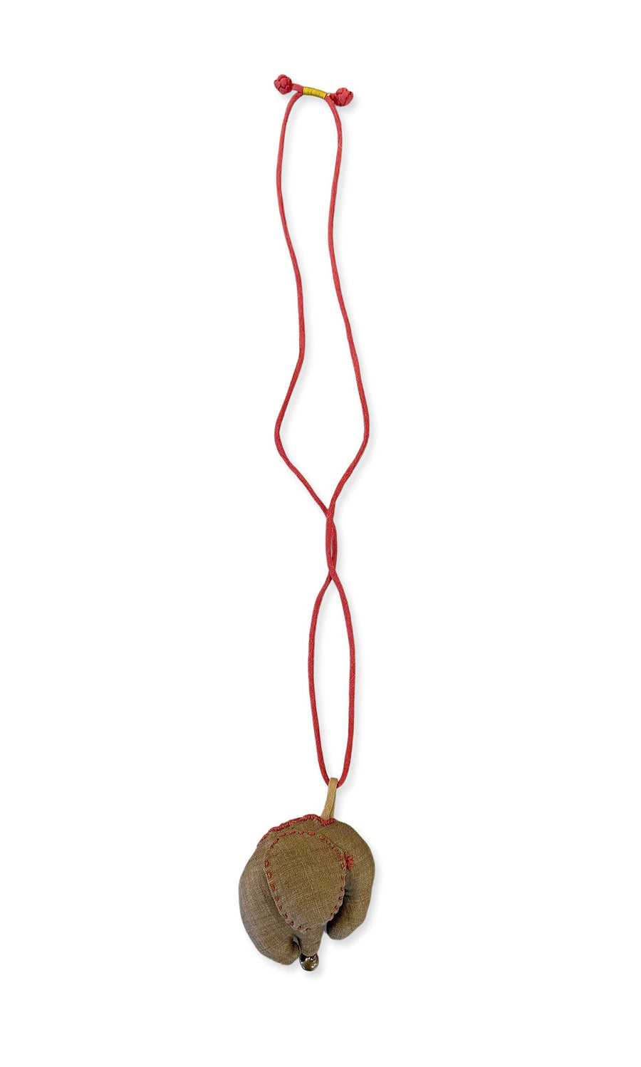 Plümo- Elephant Necklace - Brown: Handmade with a red cord and a brown fabric animal pendant resembling an abstract pouch.