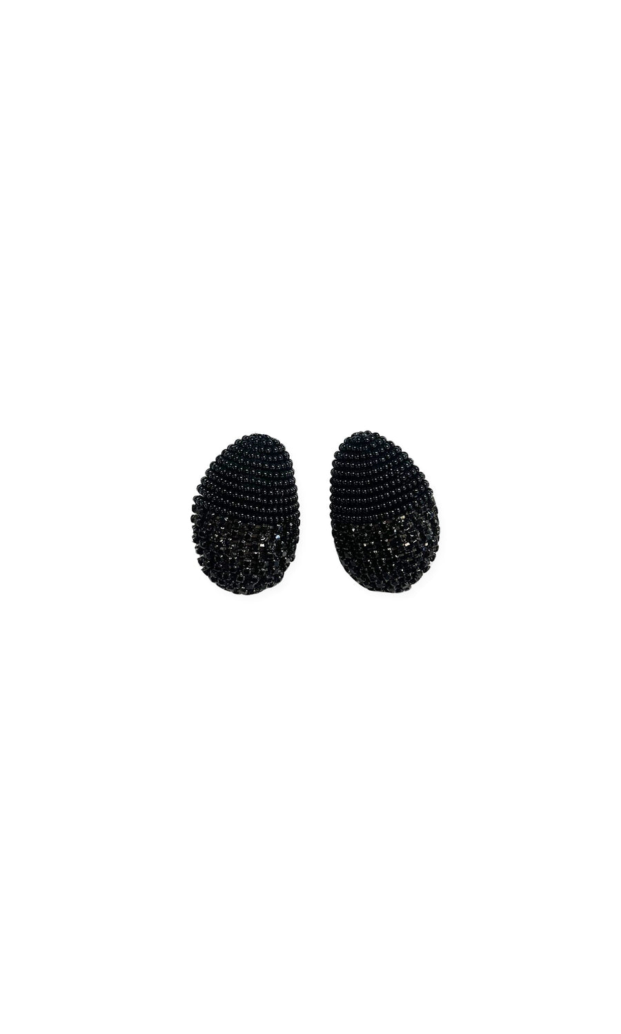 Plümo- Elixa Studs: teardrop-shaped black crystal earrings with beads, shown on a white background.