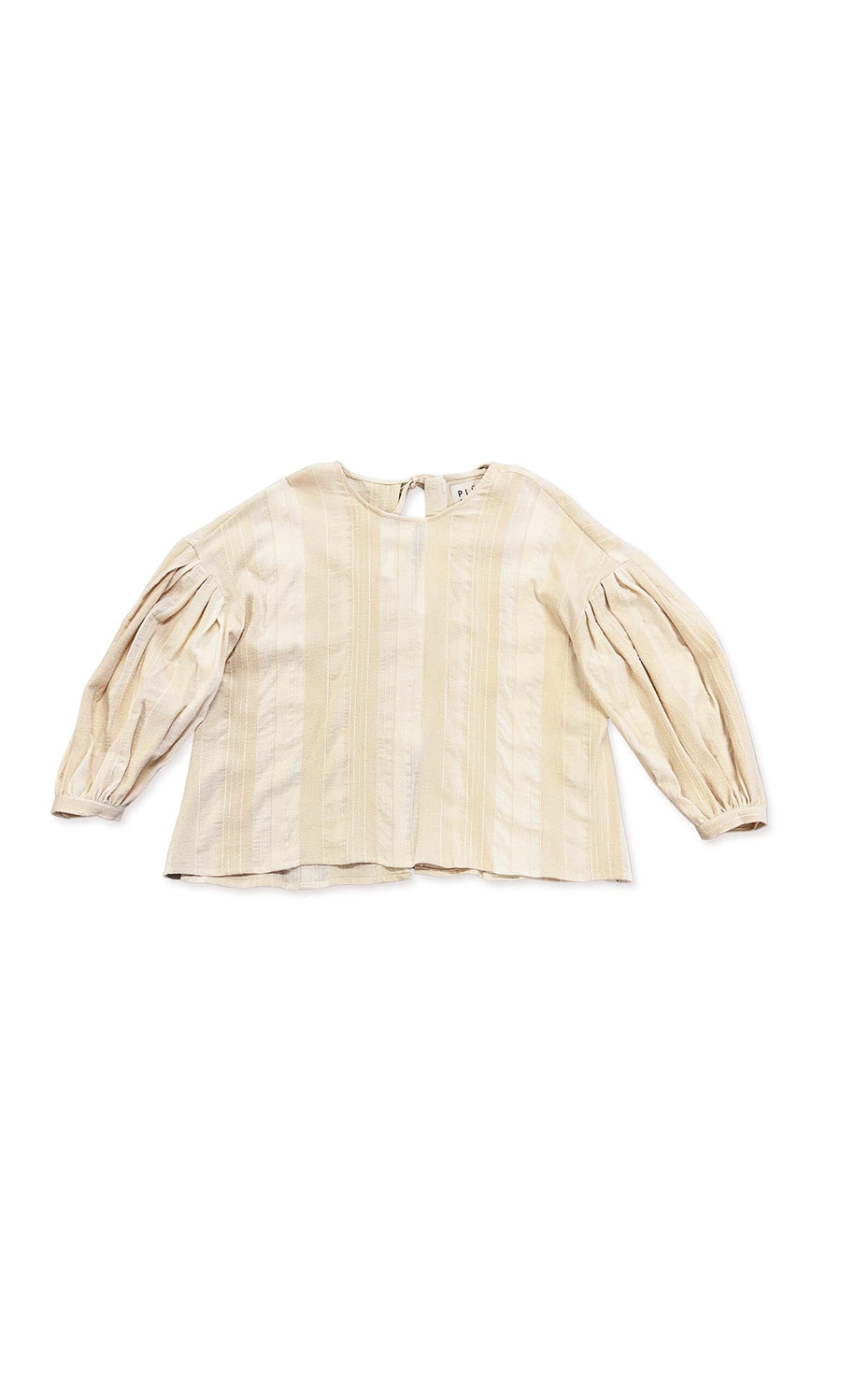 Plümo- Elmsly Blouse: Beige cotton with subtle vertical stripes and puff sleeves, laid flat on a white background.